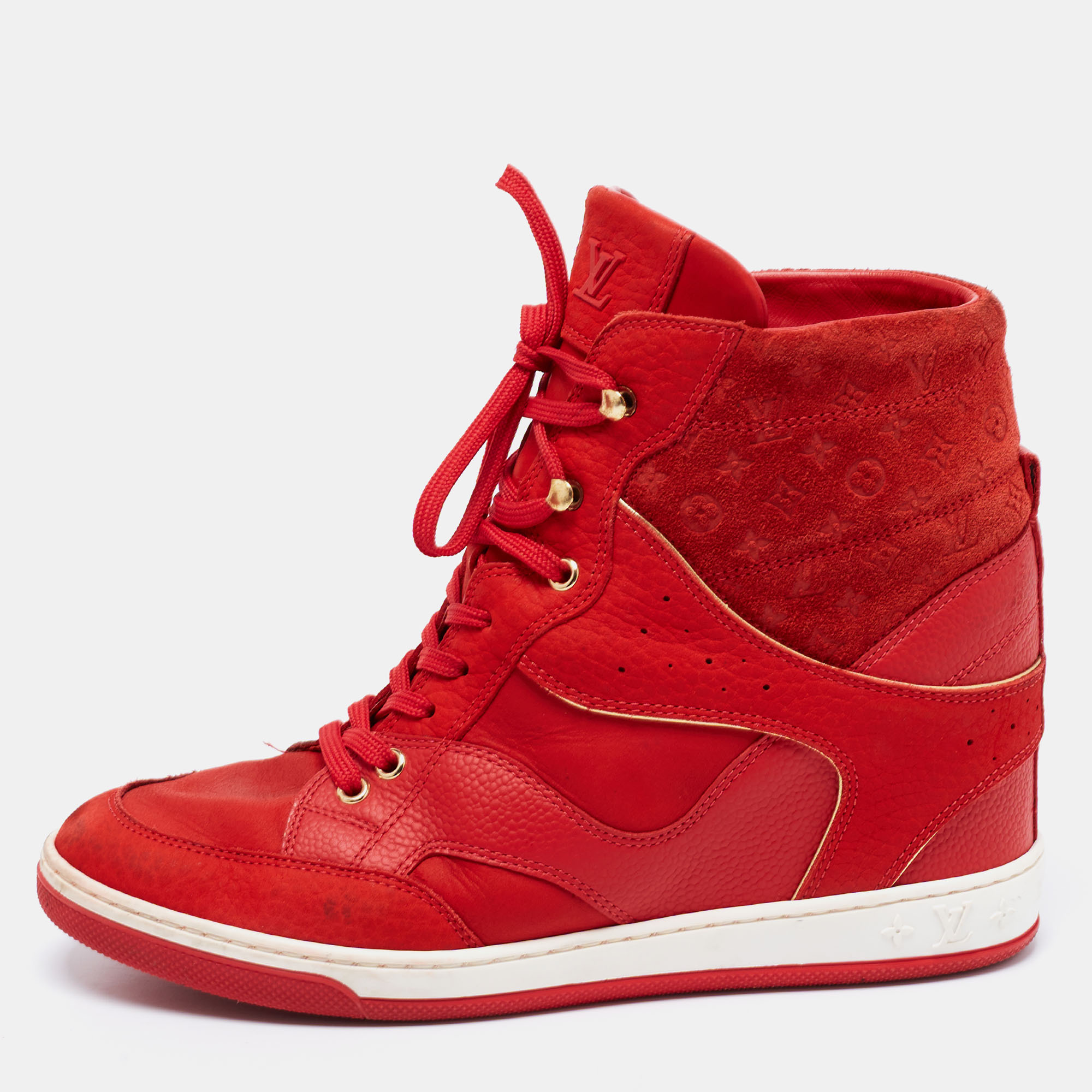 Louis Vuitton Red Leather And Embossed Monogram Suede Millenium Wedge Sneakers Size 39.5