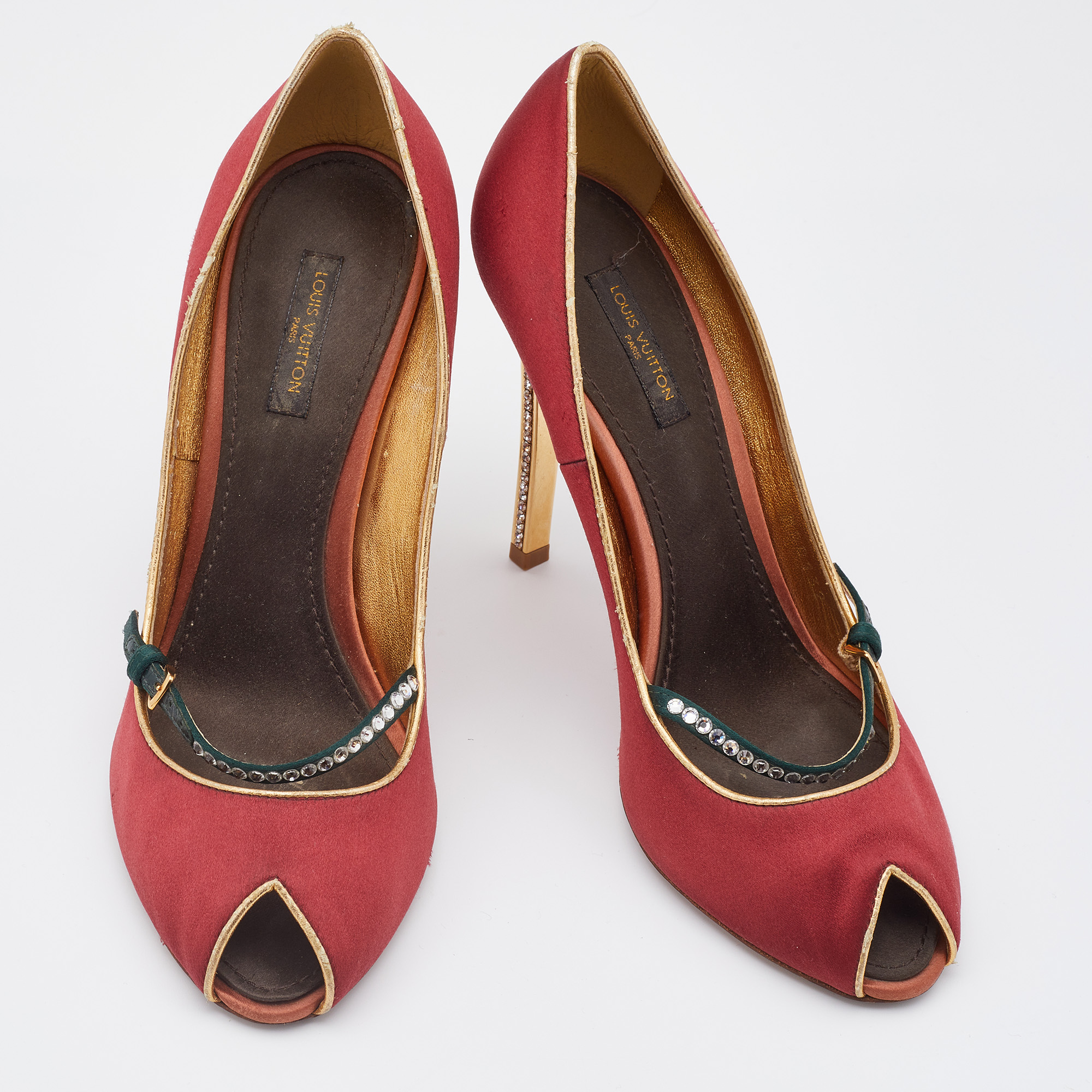 Louis Vuitton Red Satin Crystal Embellished Mary Jane Peep Toe Pumps Size 38.5