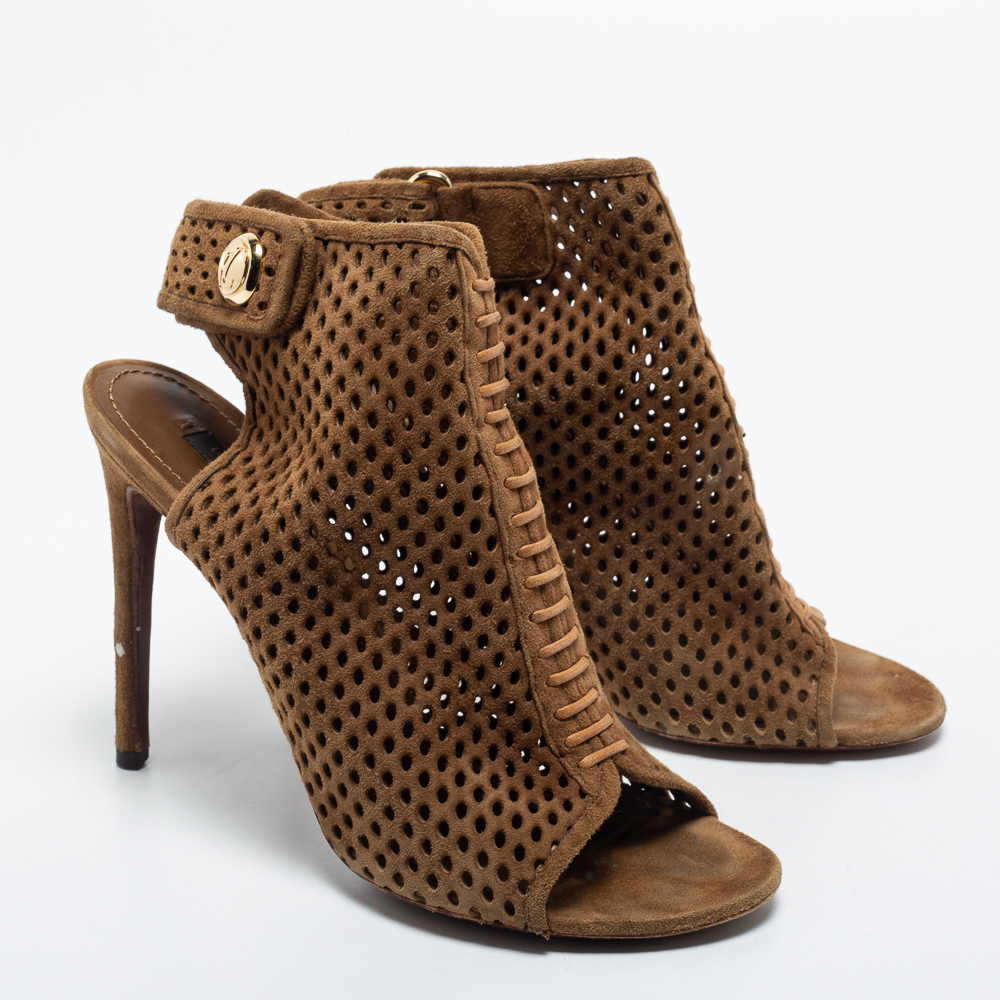 Louis Vuitton Brown Perforated Suede Open Toe Ankle Booties Size 39
