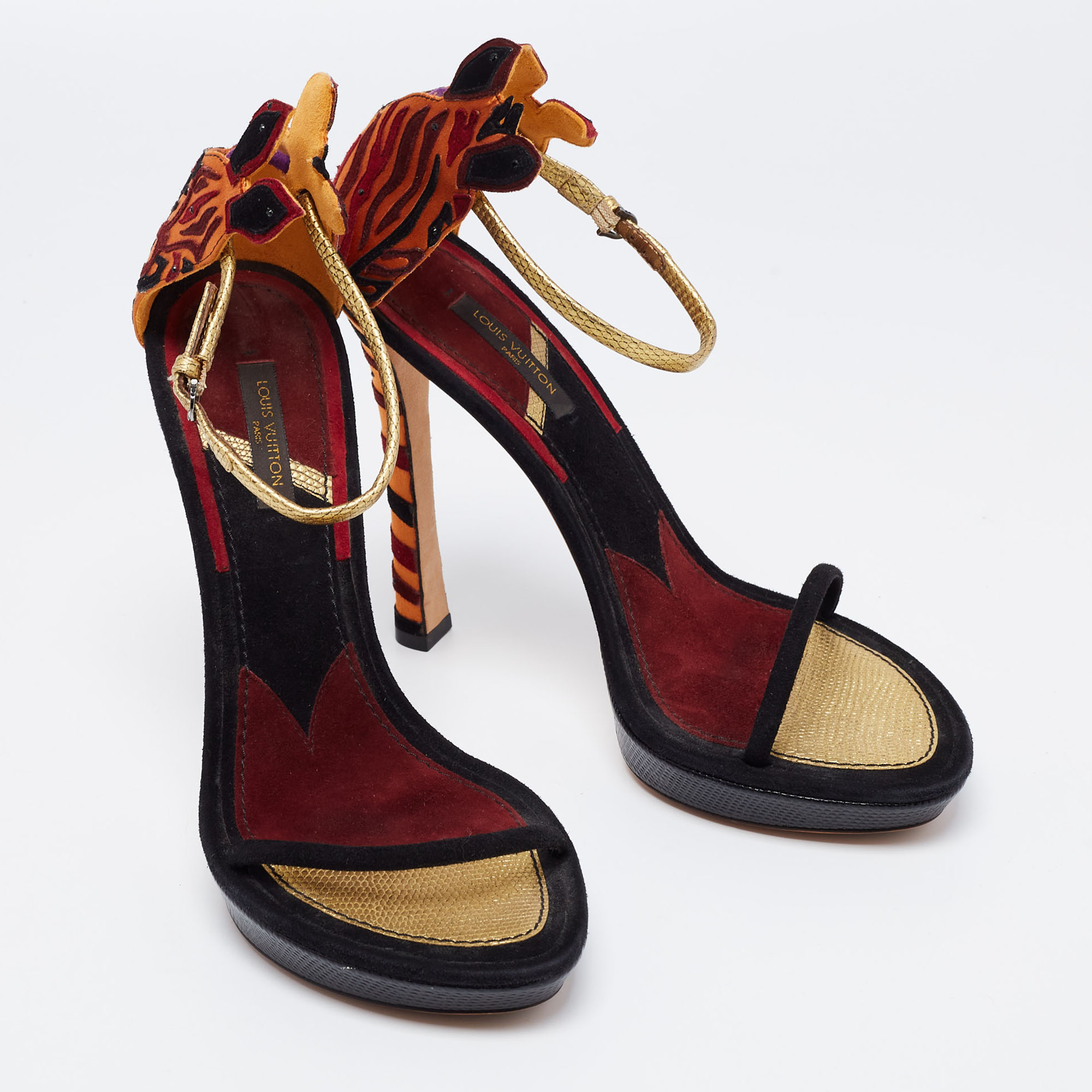 Louis Vuitton Multicolor Satin And Suede Platform Ankle Strap Sandals Size 39