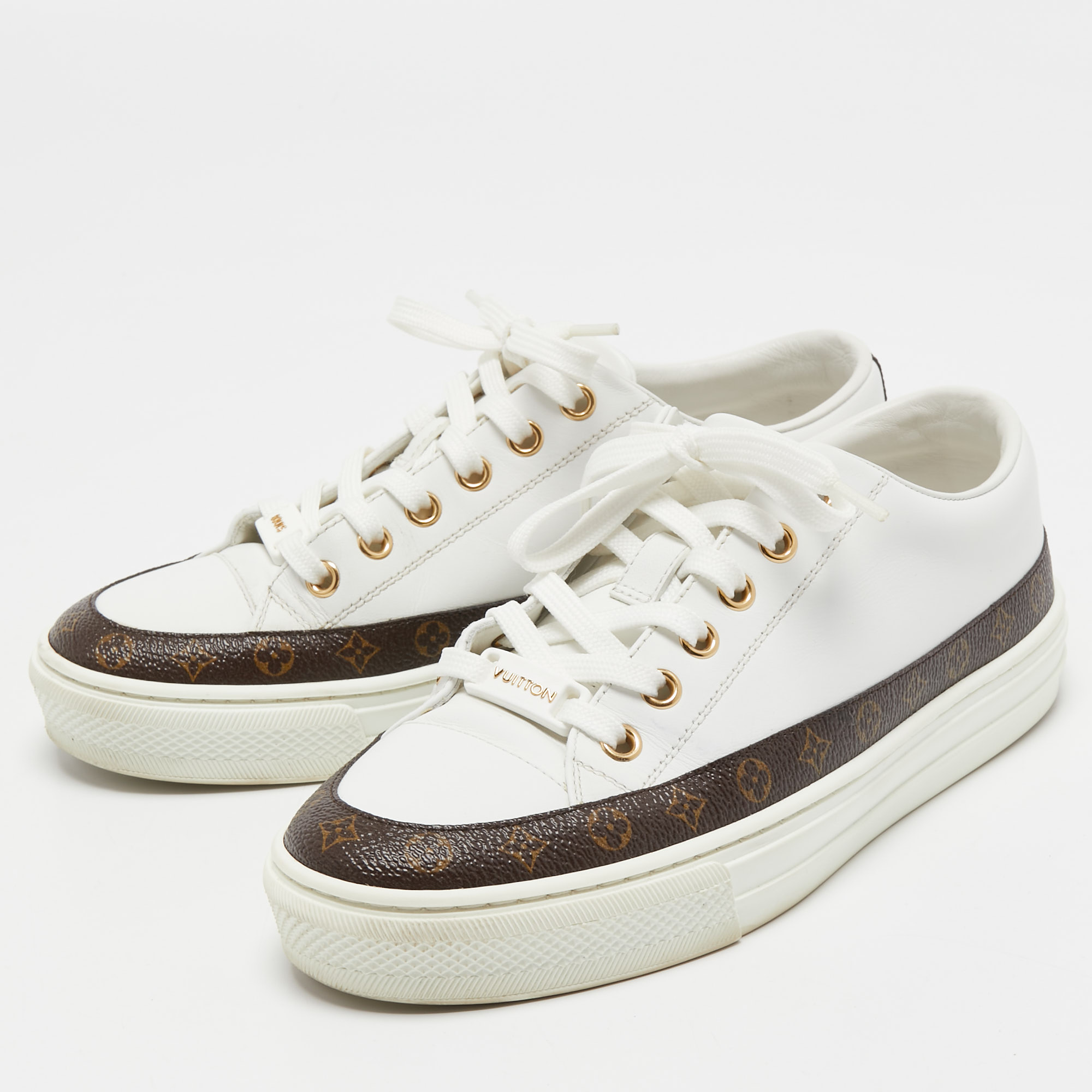 

Louis Vuitton white/Brown Monogram Canvas and Leather Stellar Sneakers Size