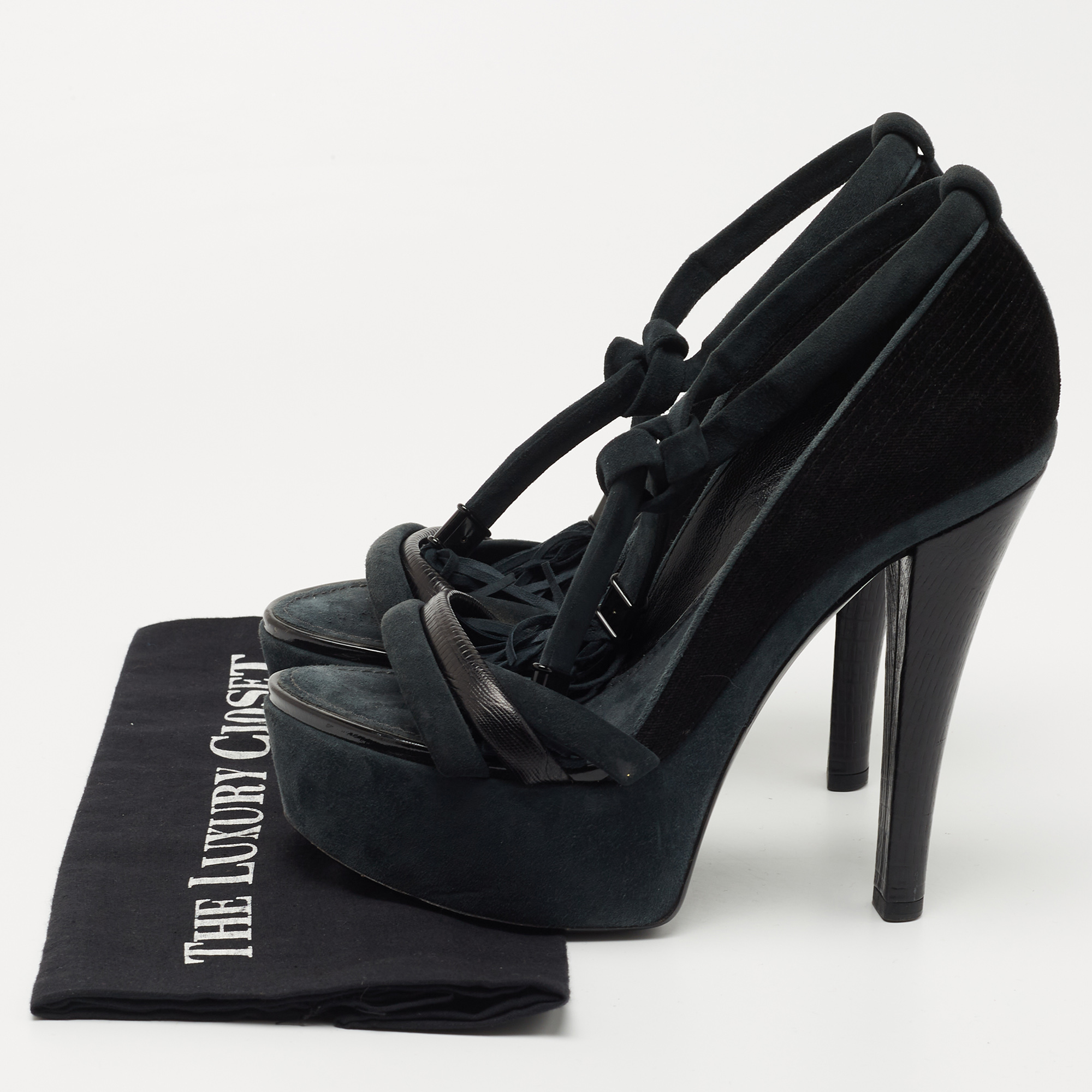Louis Vuitton Black /Grey Leather And Suede Platform Sandals Size 38