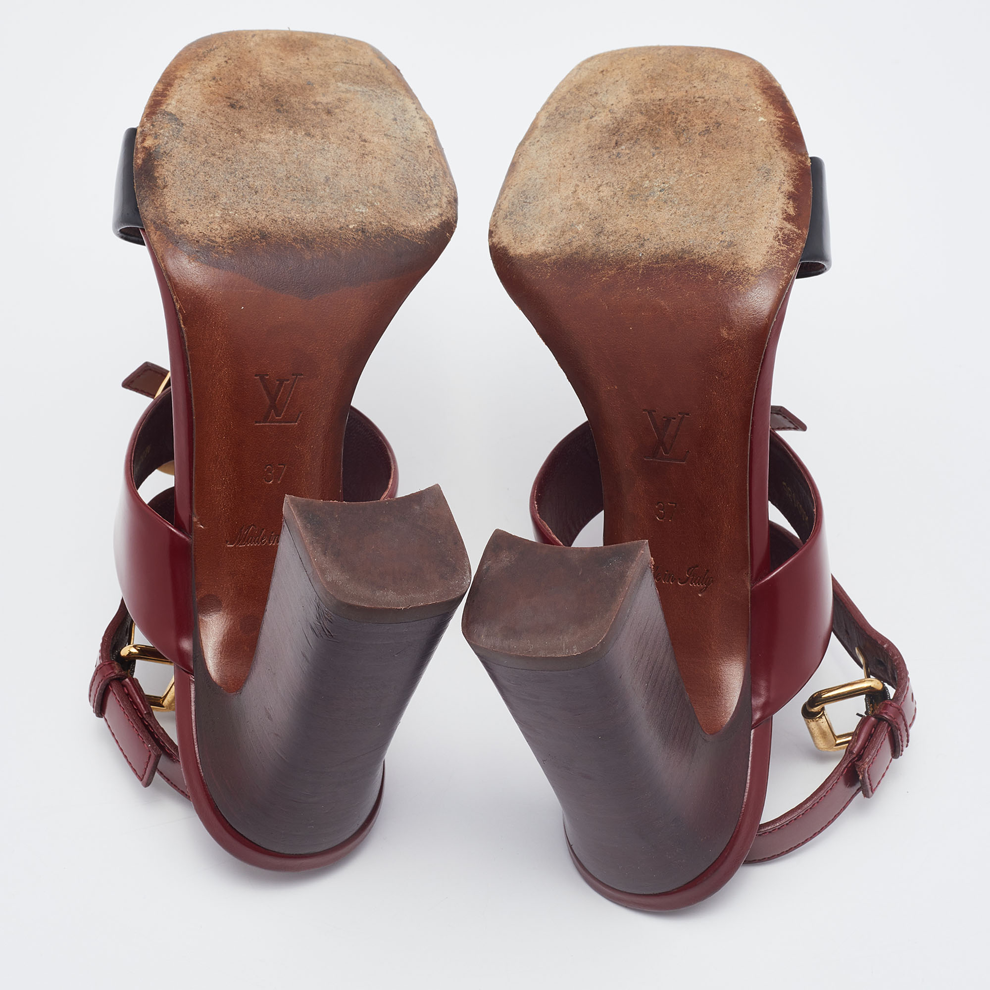 Louis Vuitton Burgundy/Black Leather Ankle Strap Sandals Size 37