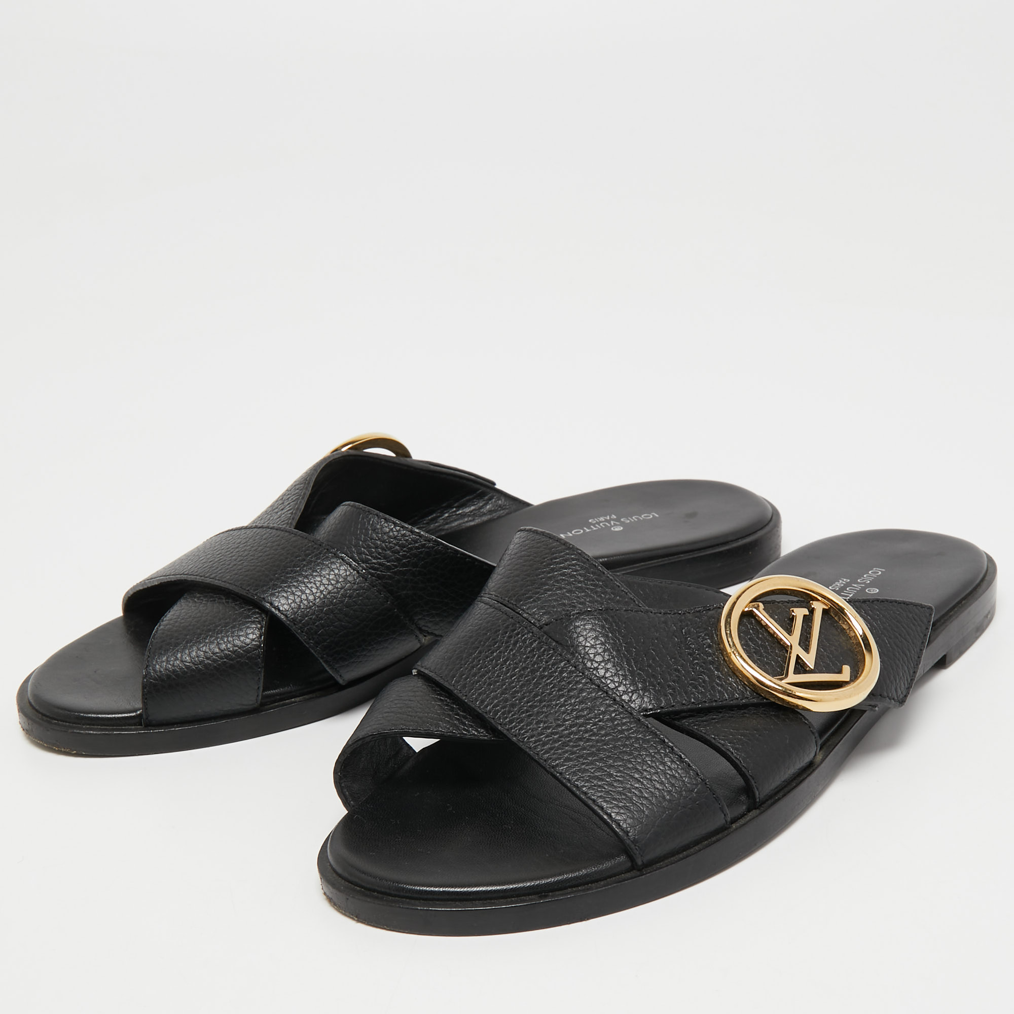 Louis Vuitton Black Leather Lock It Slide Sandals Size 36 Louis Vuitton