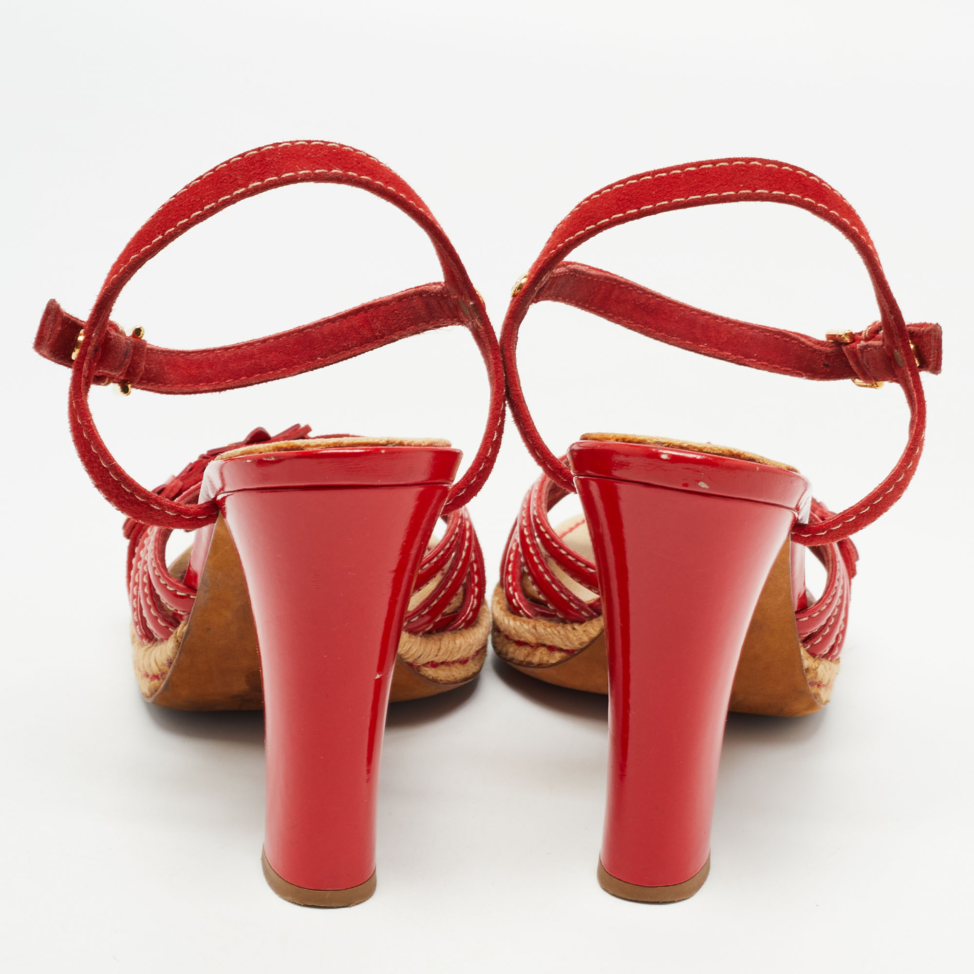 Louis Vuitton Red Suede And Patent Leather Ankle Strap Sandals Size 38.5