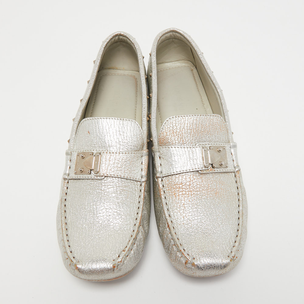 Louis Vuitton Silver Leather Lombok Slip On Loafers Size 40.5
