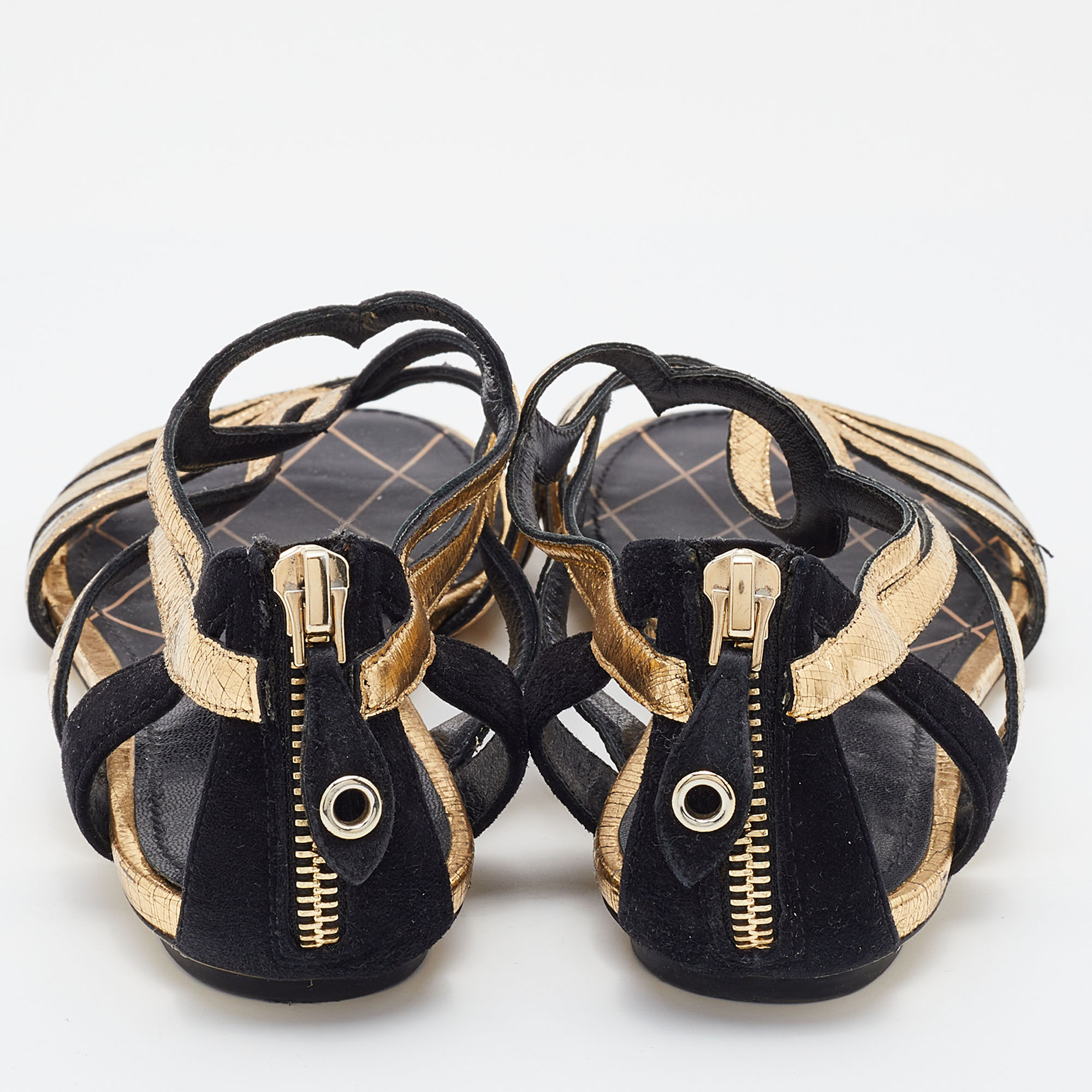 Louis Vuitton Gold/Black Leather, Suede And PVC Strappy Flat Sandals Size 38.5