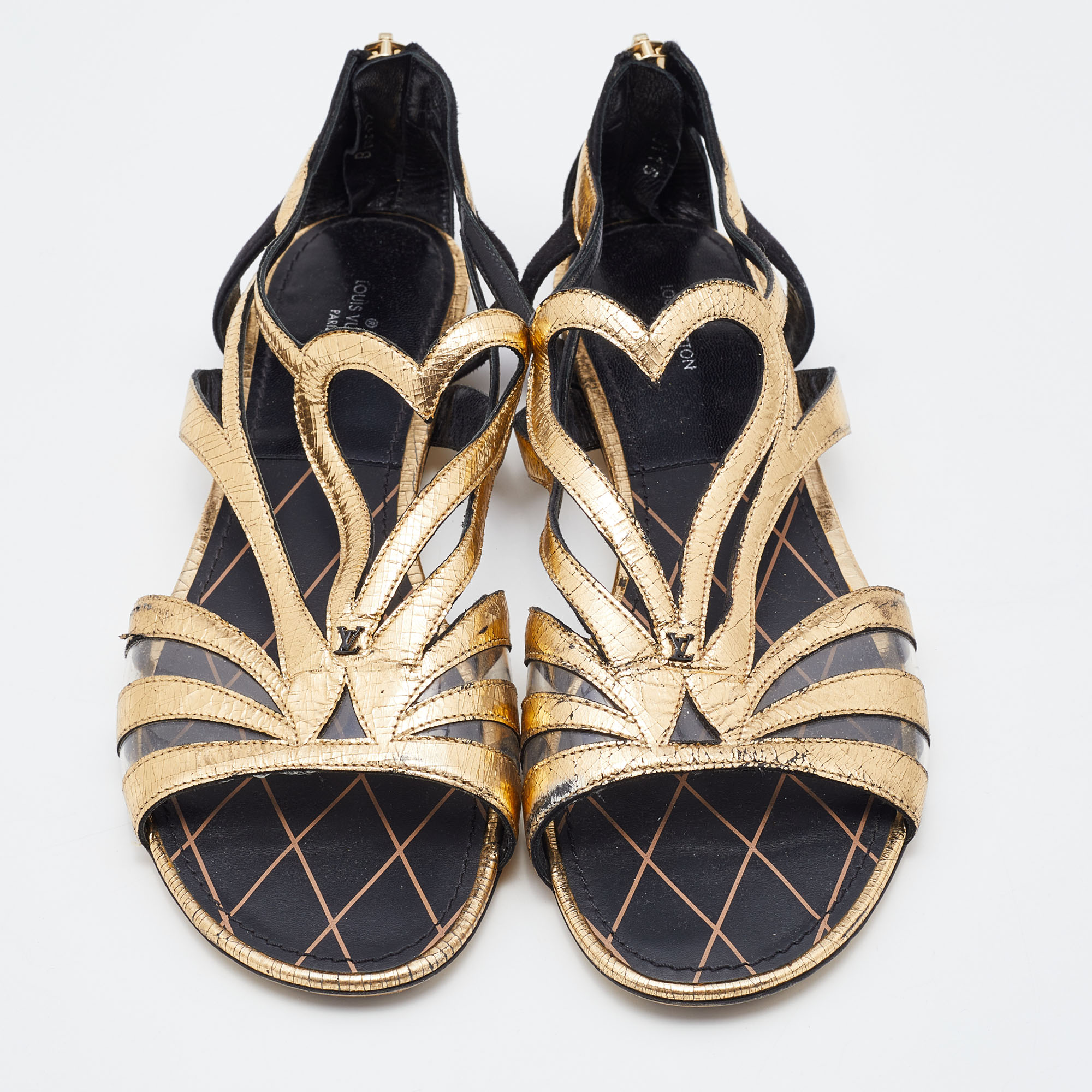 Louis Vuitton Gold/Black Leather, Suede And PVC Strappy Flat Sandals Size 38.5