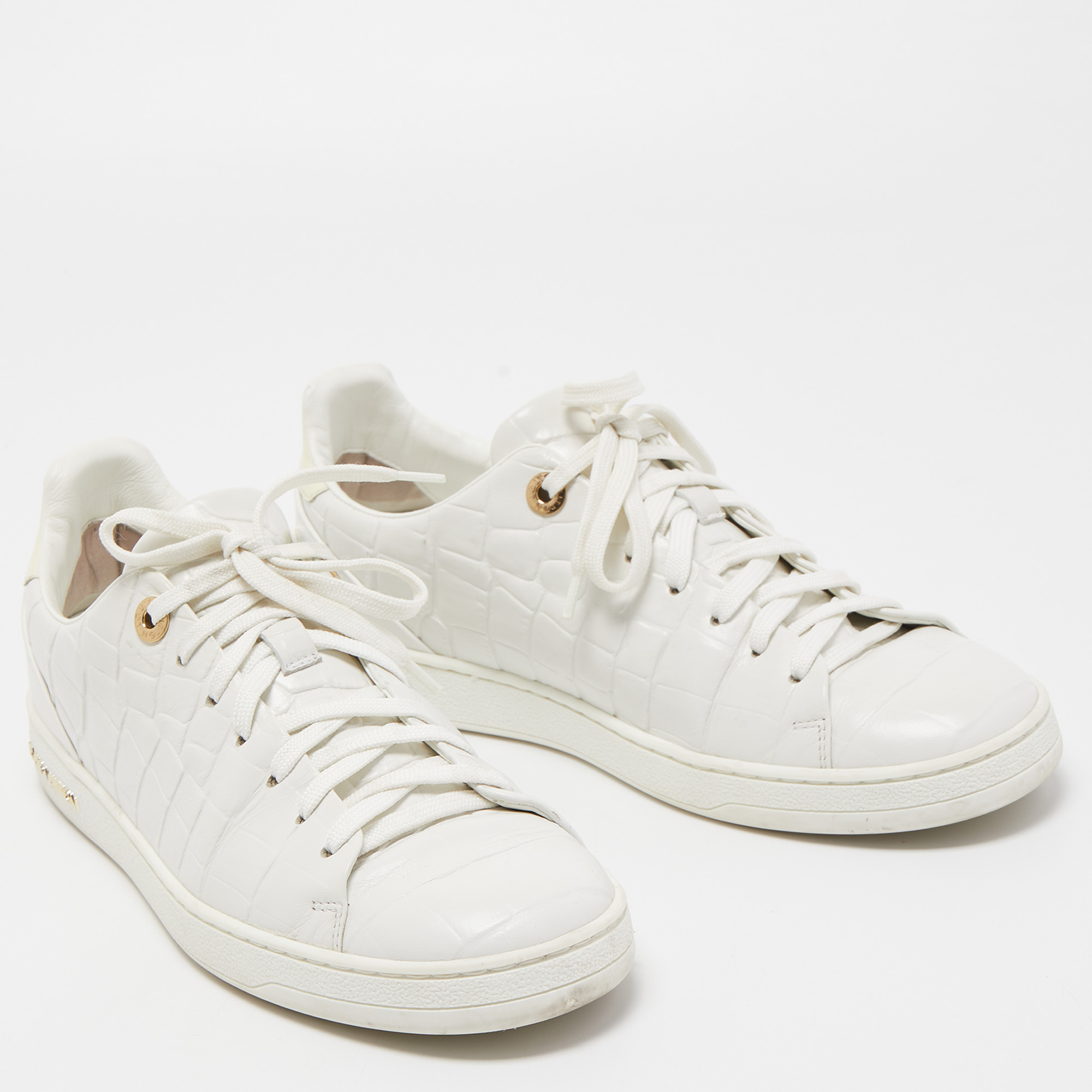 Louis Vuitton White Croc Embossed Leather Frontrow Sneakers Size 38.5