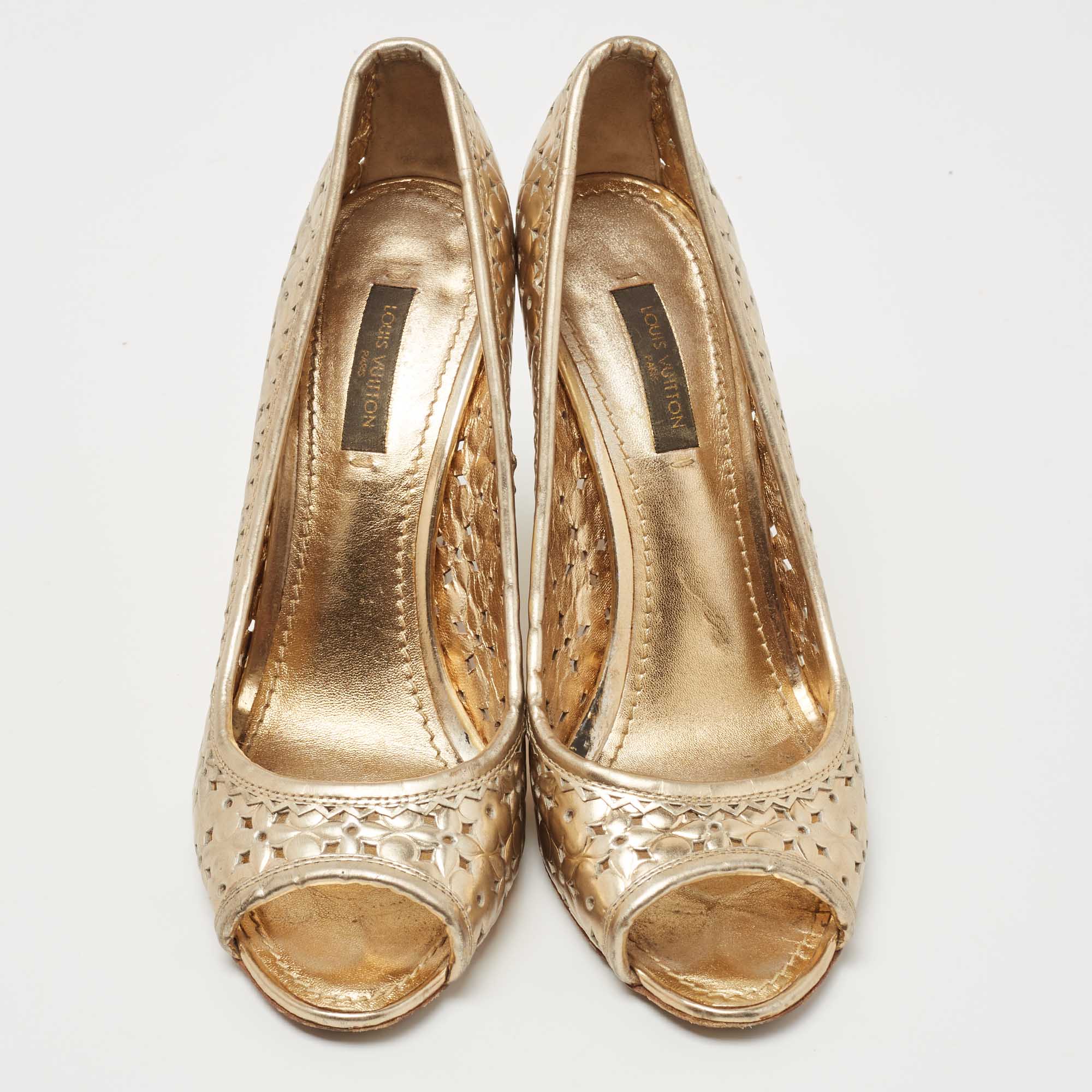 Louis Vuitton Gold Leather Stand By Me Wedge Pumps Size 36.5