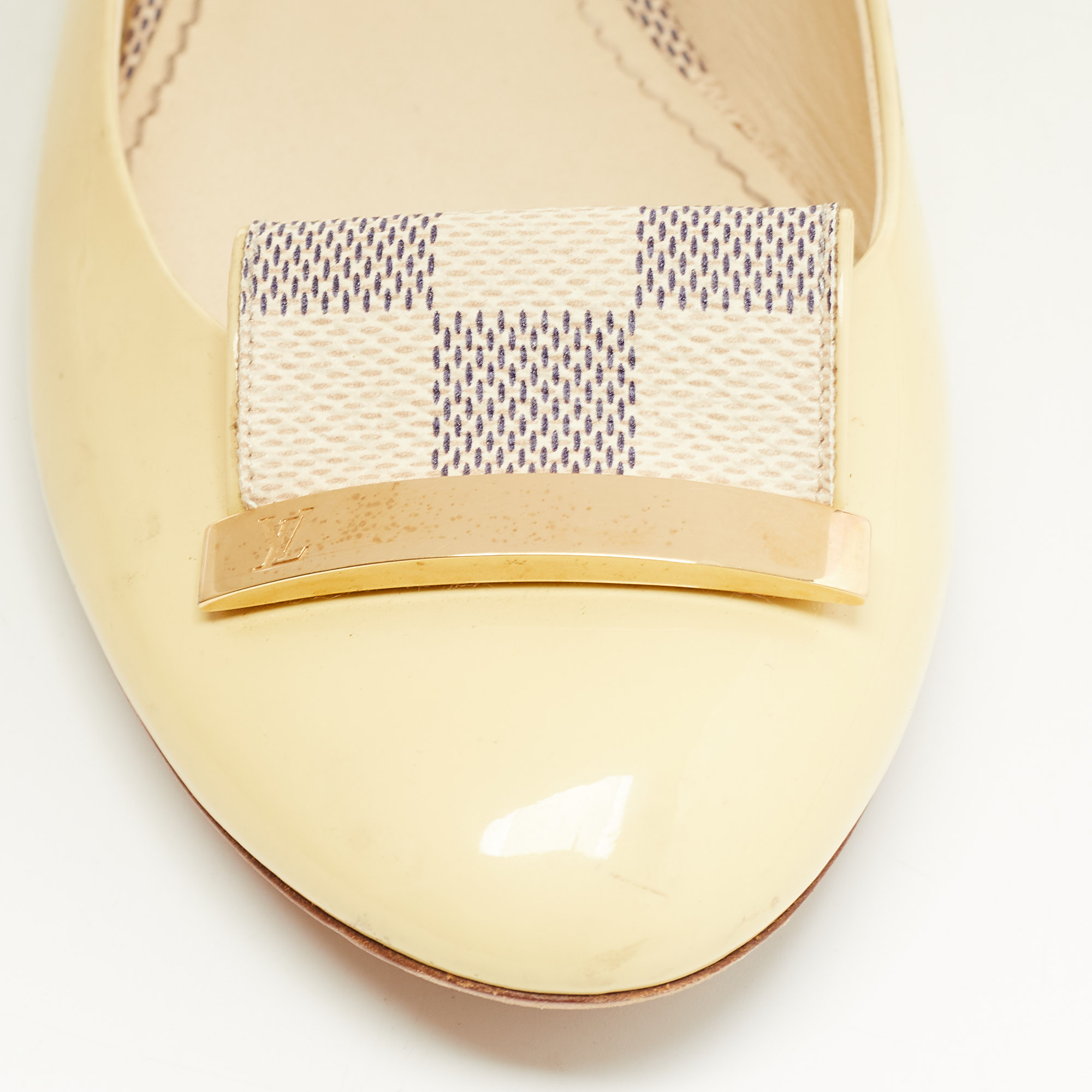 Louis Vuitton Cream Patent Leather Damier Azur Bow Ballet Flats Size 36