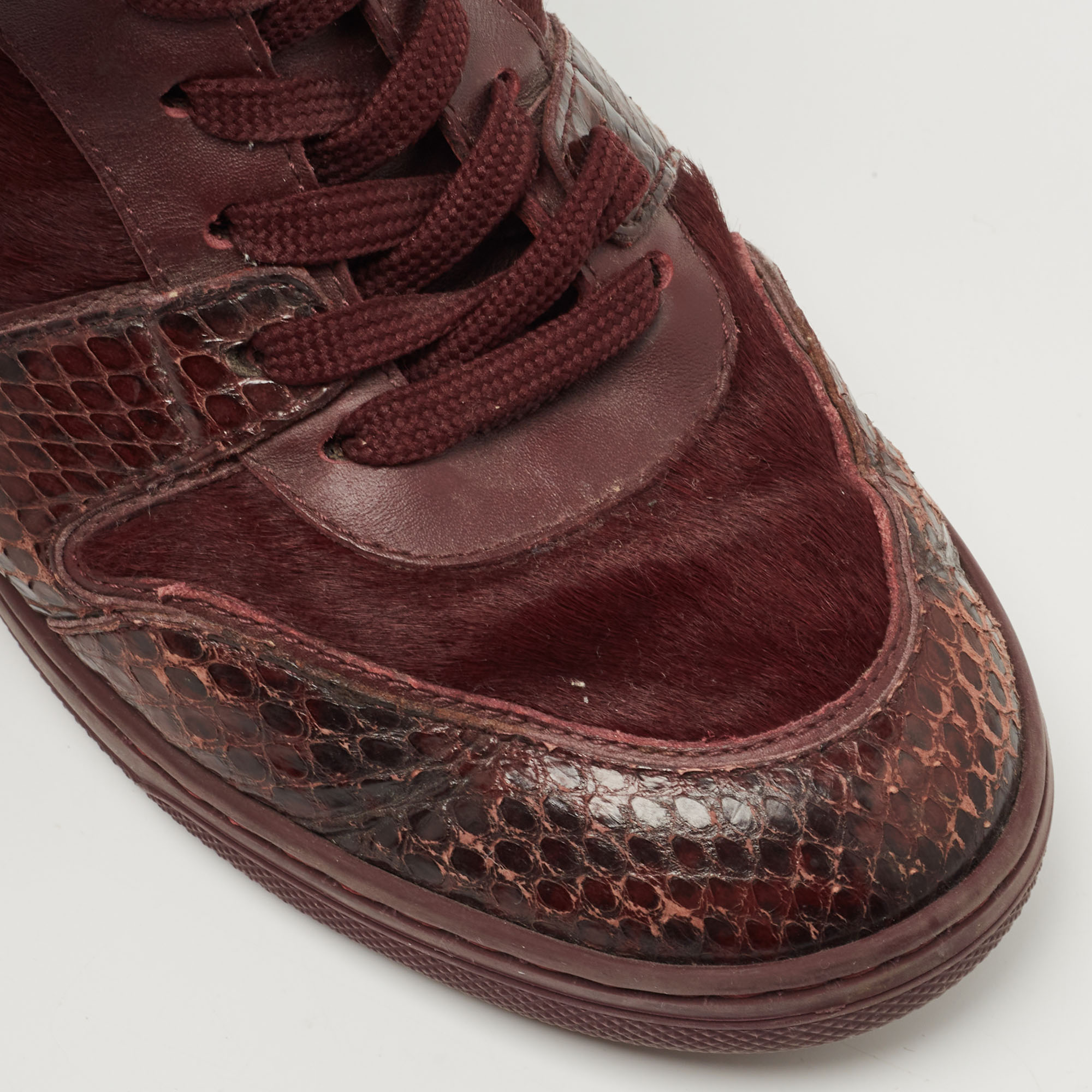 Louis Vuitton Burgundy Calf Hair And Python Leather High Top Sneakers Size 37.5