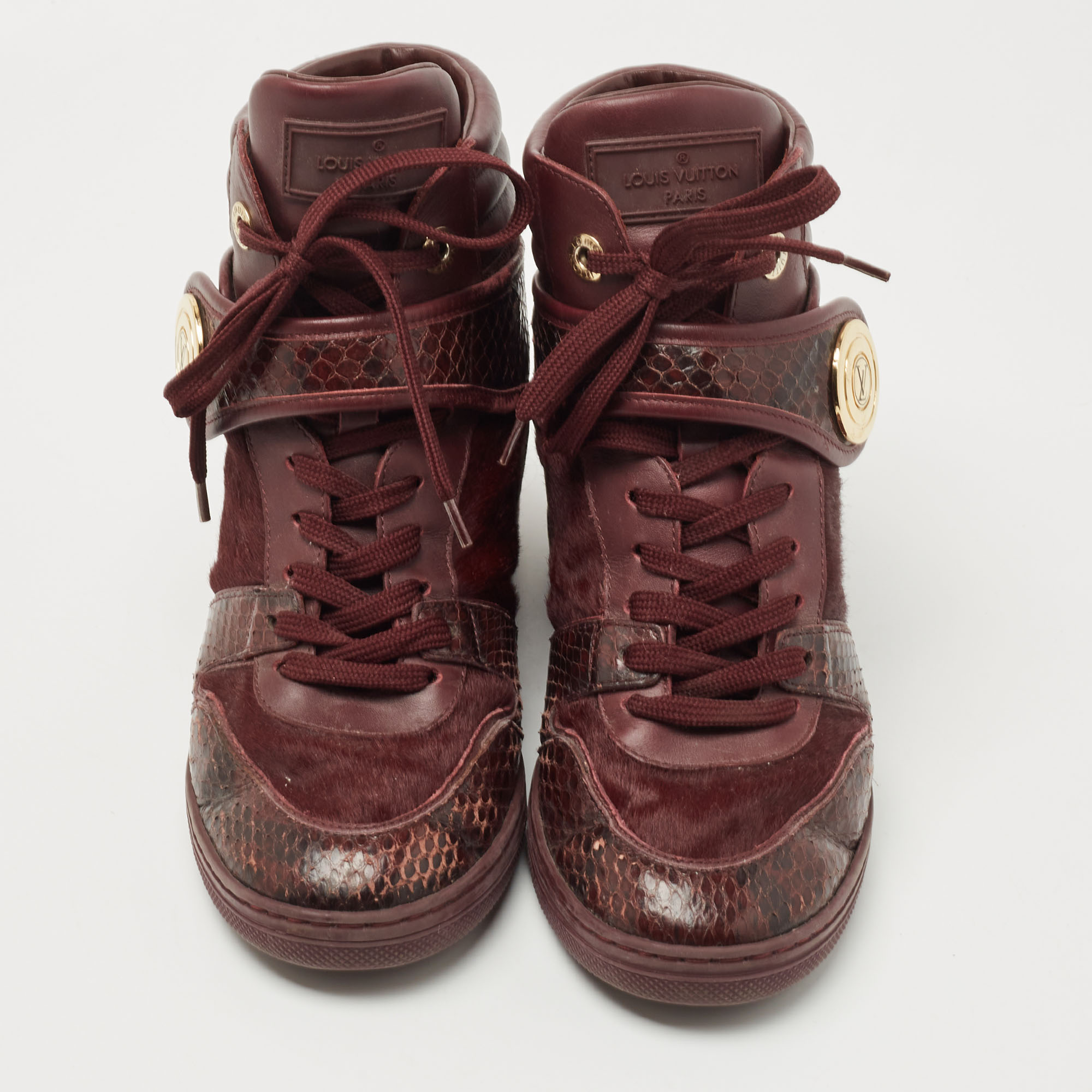 Louis Vuitton Burgundy Calf Hair And Python Leather High Top Sneakers Size 37.5