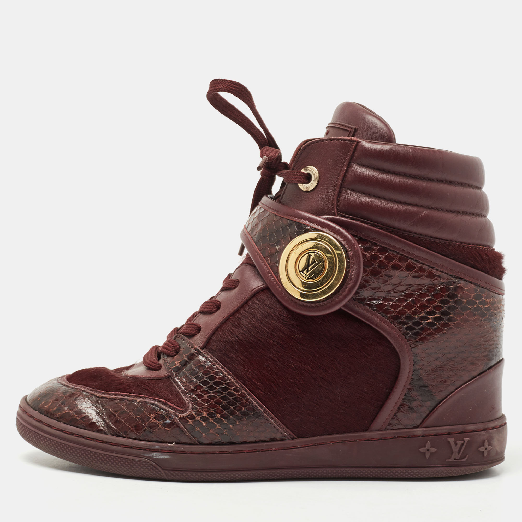 Louis Vuitton Burgundy Calf Hair And Python Leather High Top Sneakers Size 37.5