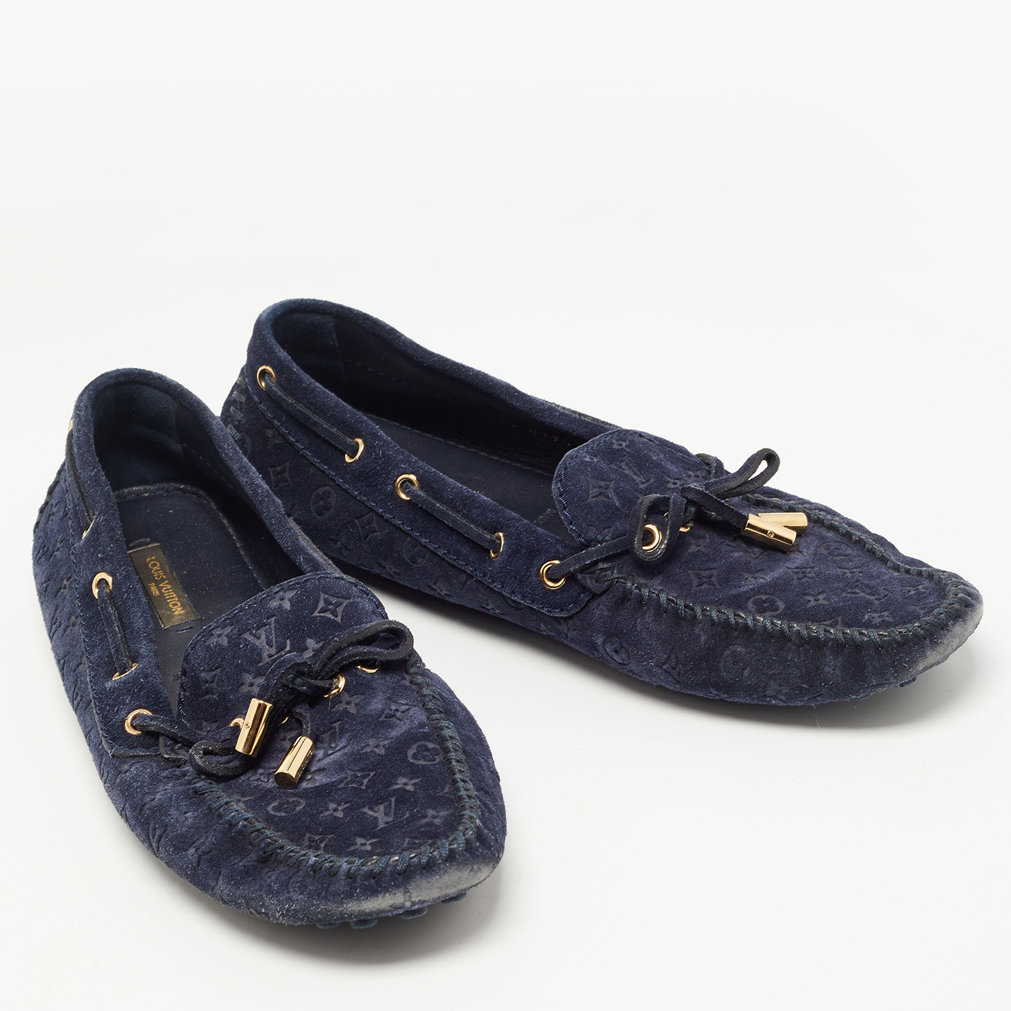 Louis Vuitton Navy Blue Monogram Embossed Suede Gloria Loafers Size 37.5