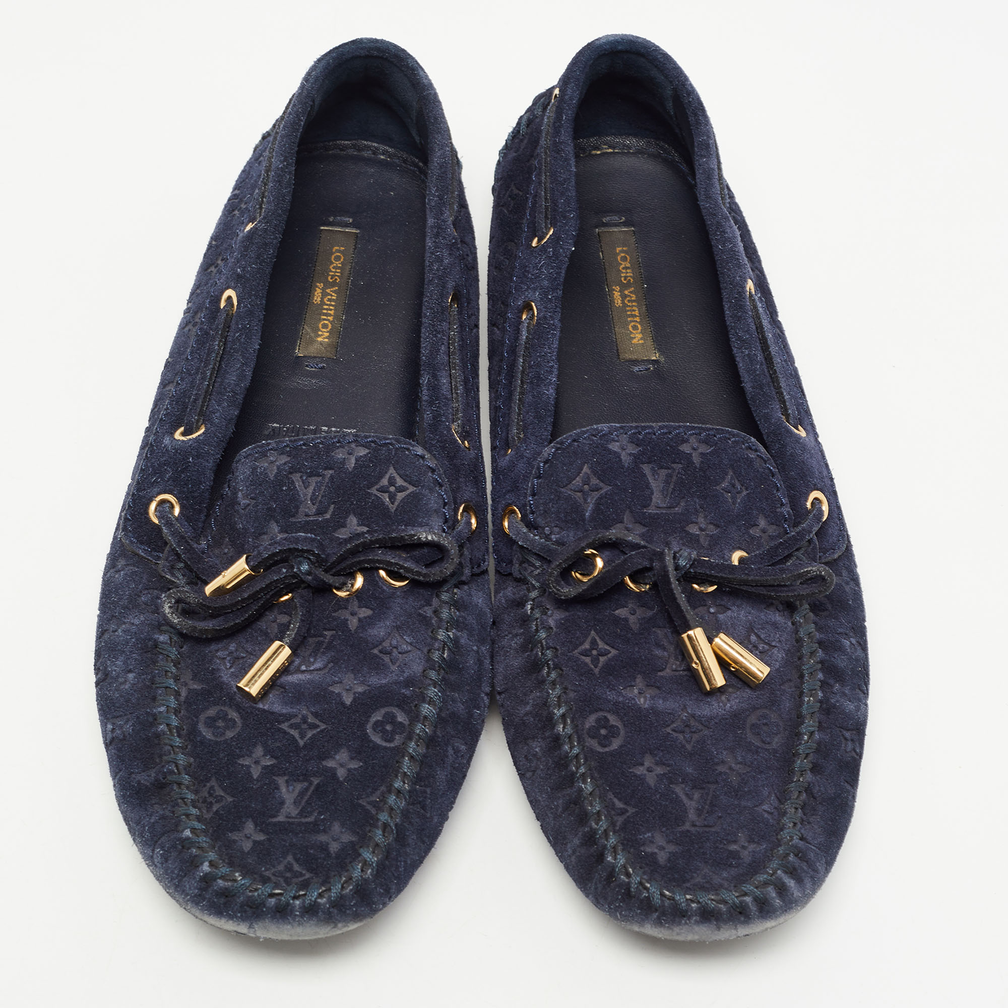 Louis Vuitton Navy Blue Monogram Embossed Suede Gloria Loafers Size 37.5