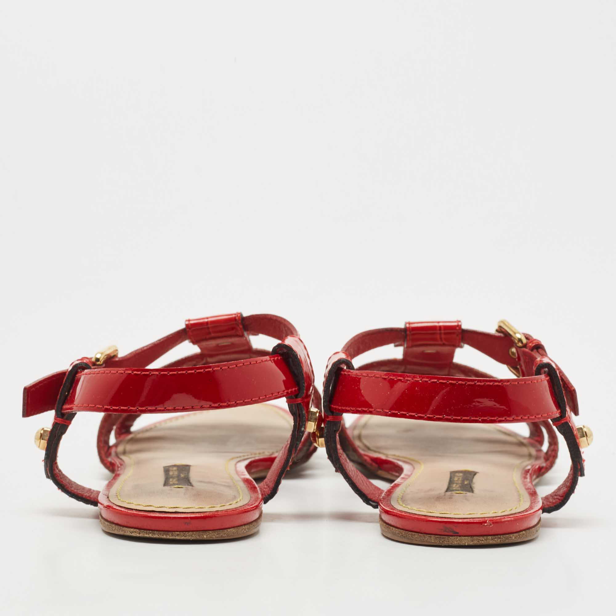 Louis Vuitton Tricolor Monogram Canvas And Patent Leather Ankle Strap Flat Sandals Size 37.5