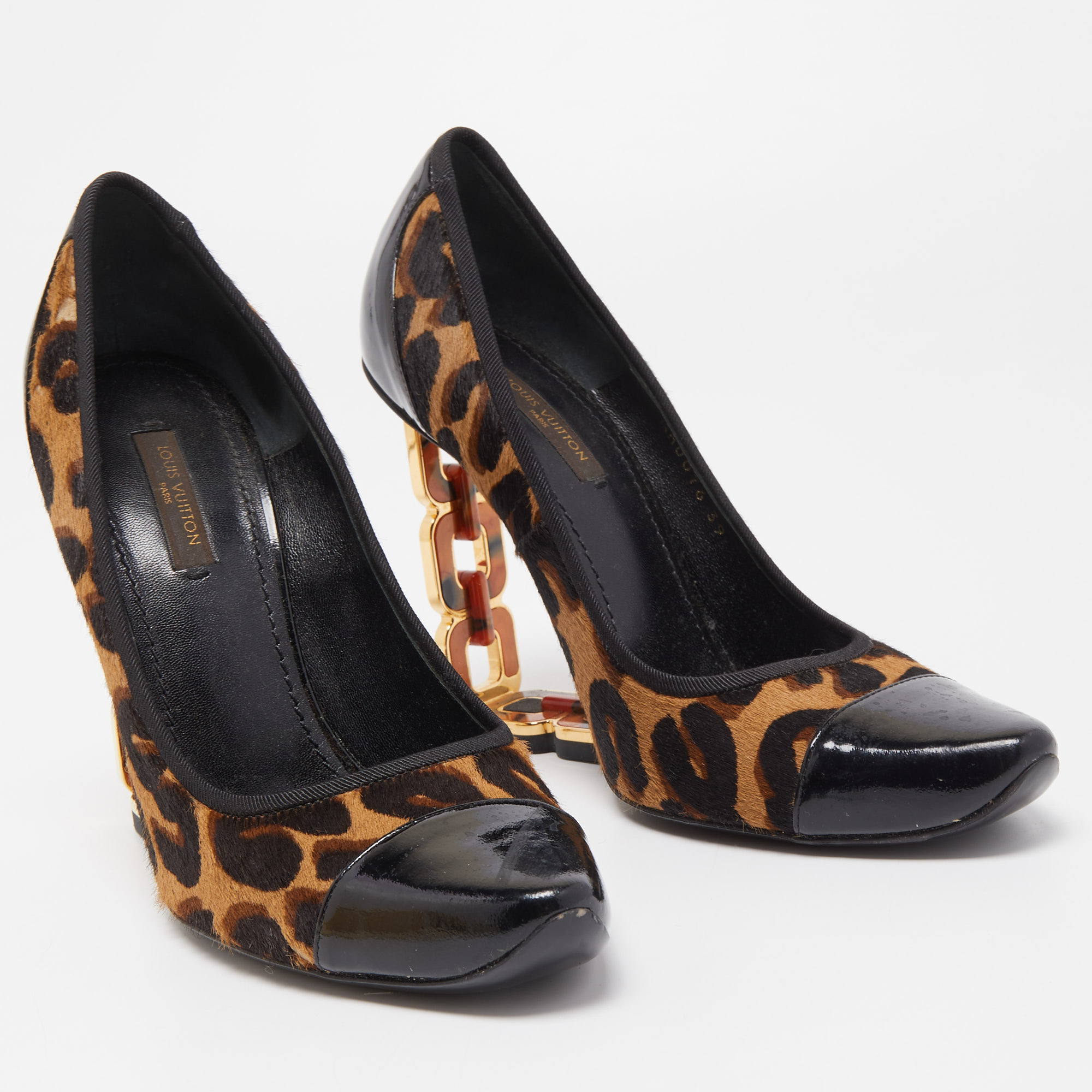 Louis Vuitton Tricolor Leopard Print Calf Hair And Patent Leather Wedge Pumps Size 39