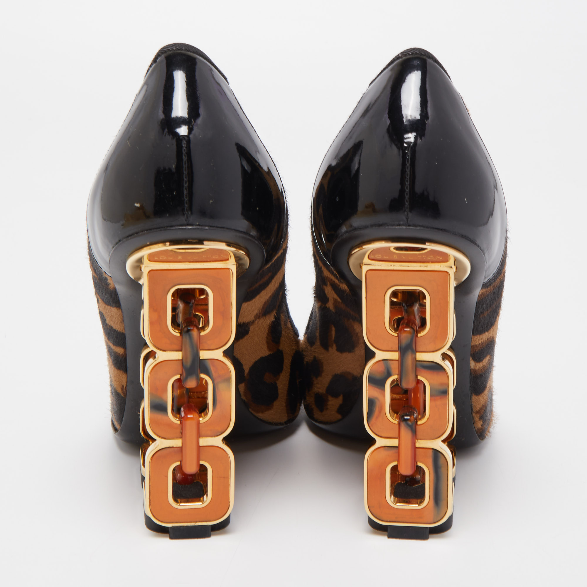 Louis Vuitton Tricolor Leopard Print Calf Hair And Patent Leather Wedge Pumps Size 39