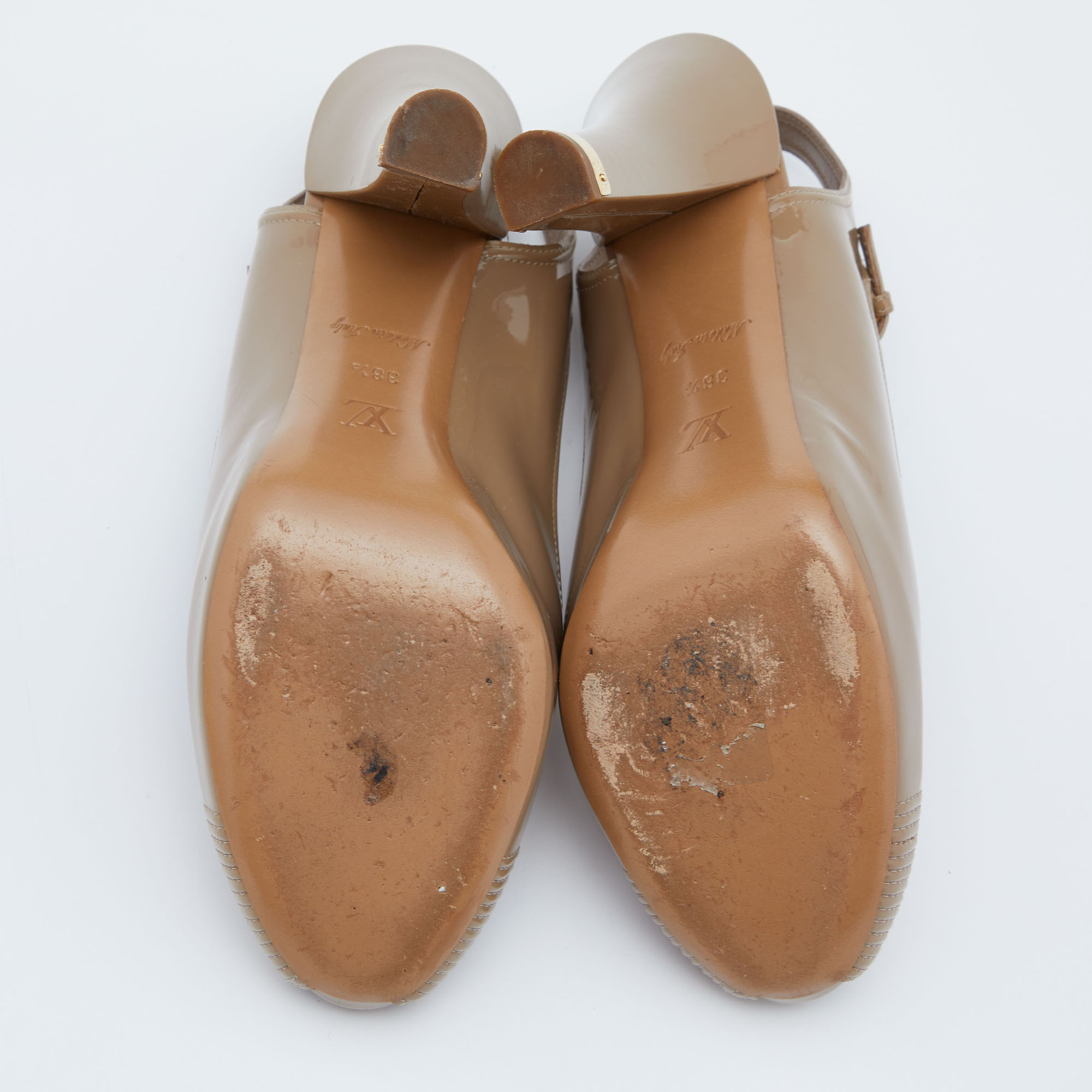 Louis Vuitton Beige Patent Leather Peep Toe T-Strap Slingback Pumps Size 38.5