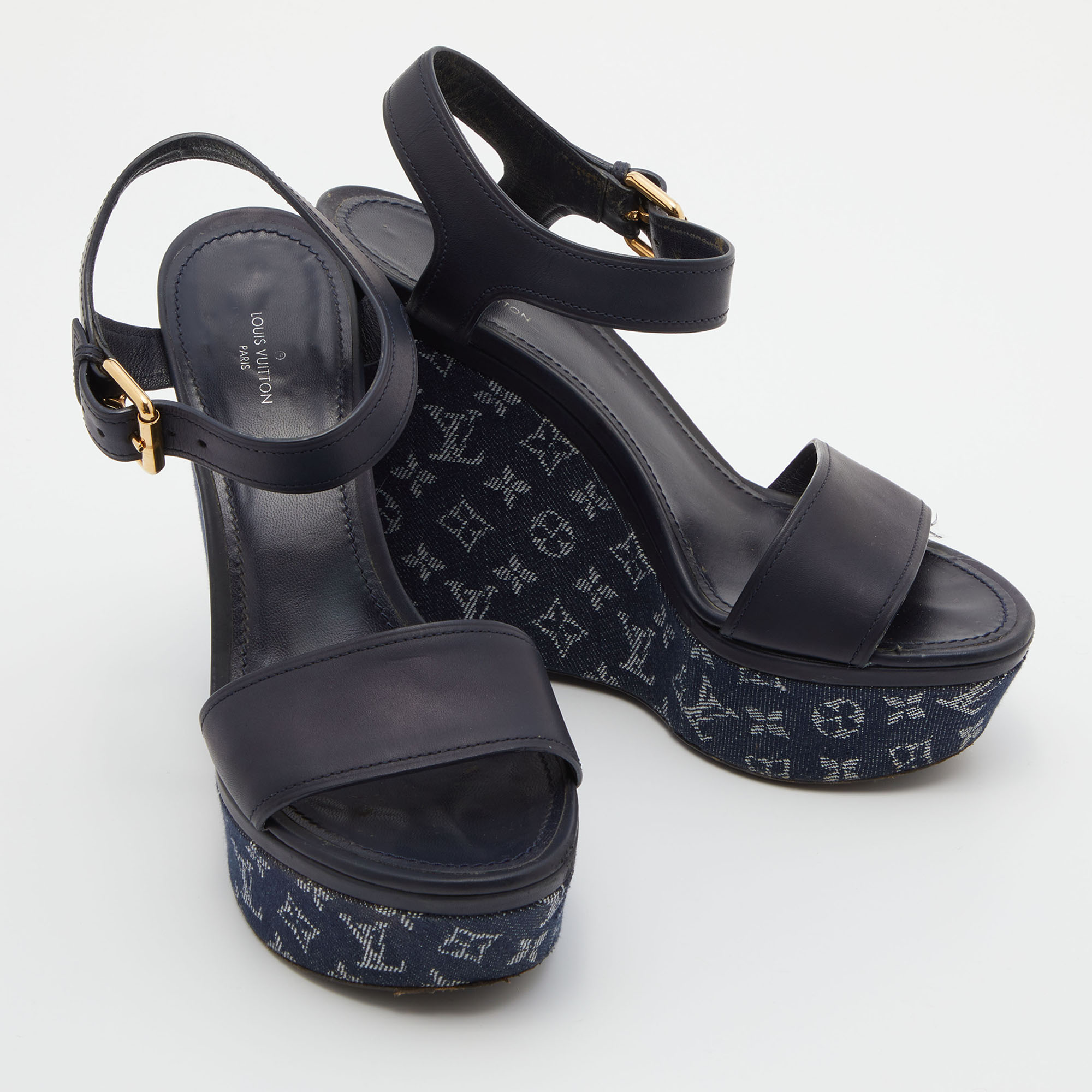 Louis Vuitton Navy Blue Leather And Monogram Denim Waterfall Sandals Size 38.5