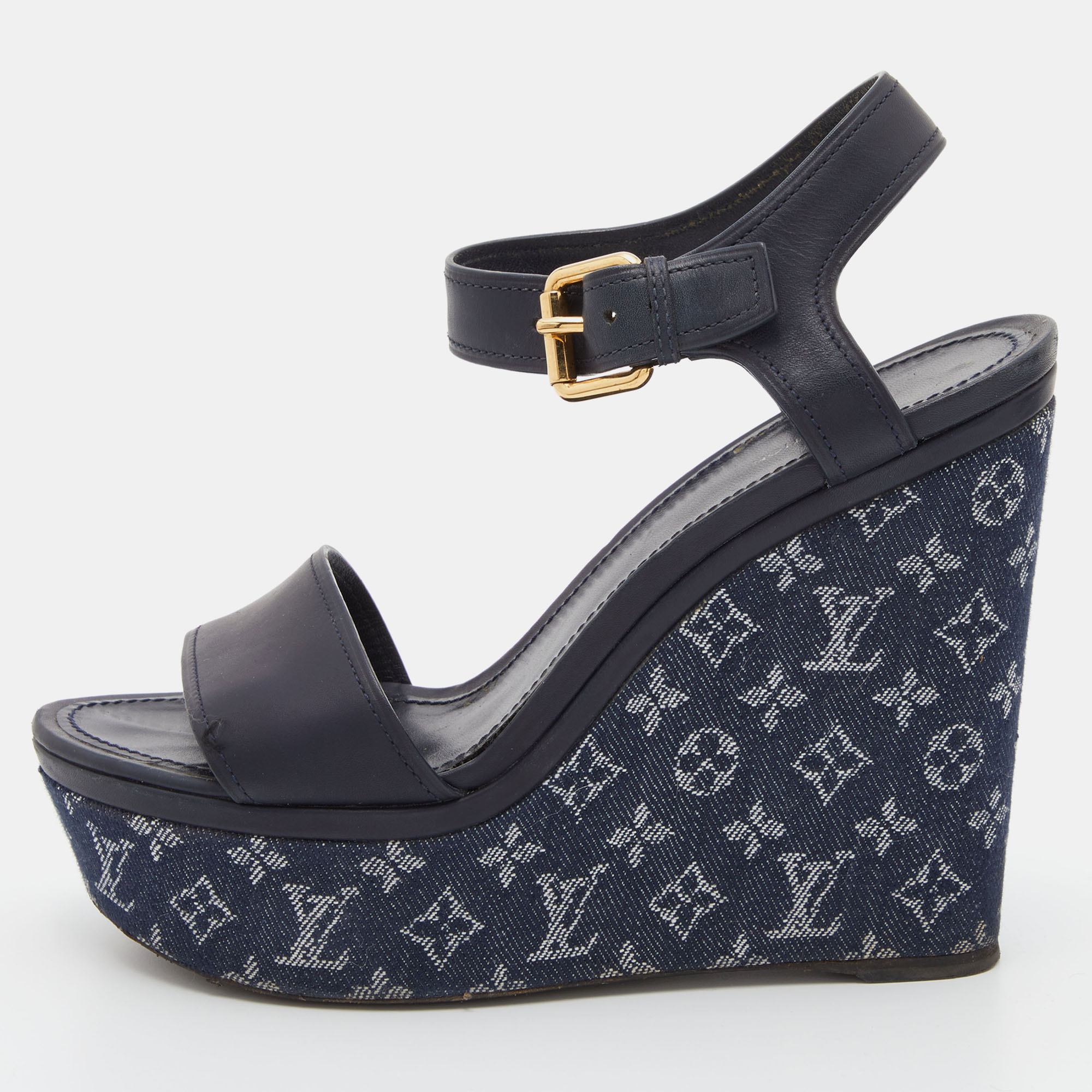 Louis Vuitton Navy Blue Leather And Monogram Denim Waterfall Sandals Size 38.5