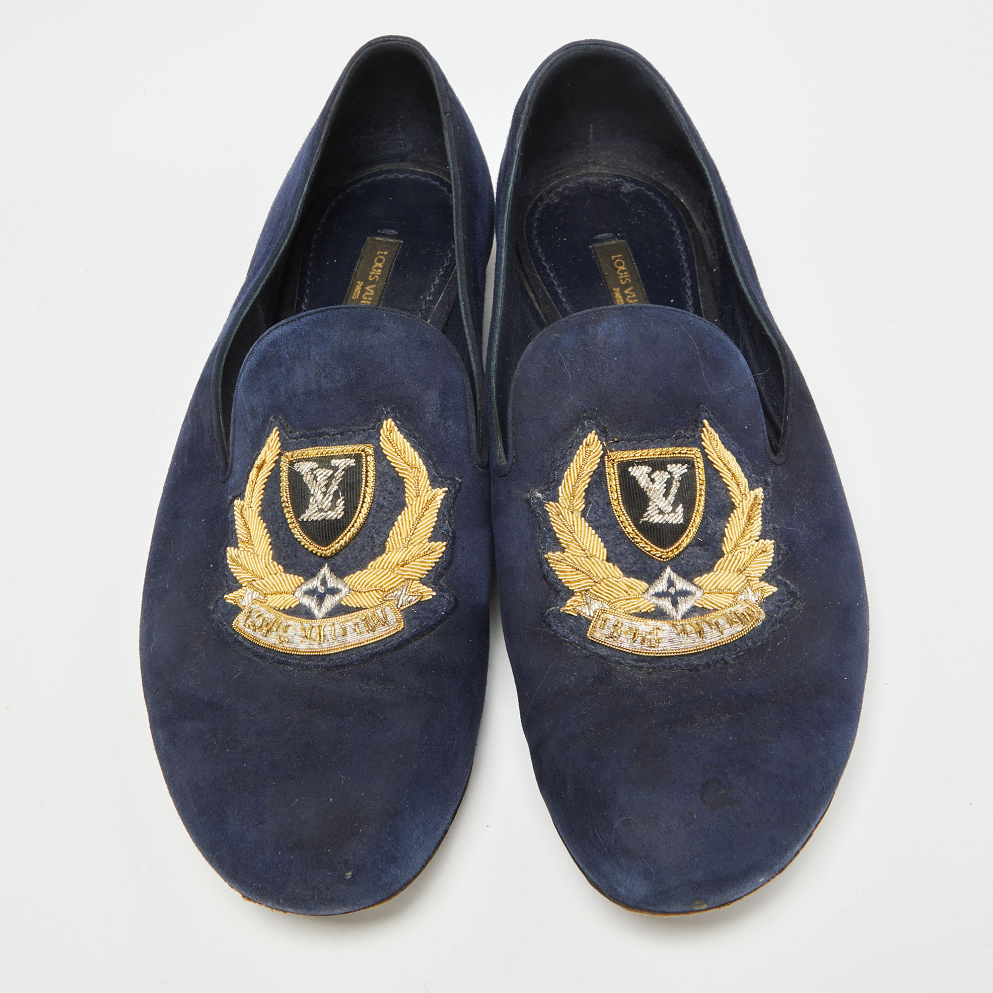 Louis Vuitton Navy Blue Suede Embroidered Smoking Slippers Size 38