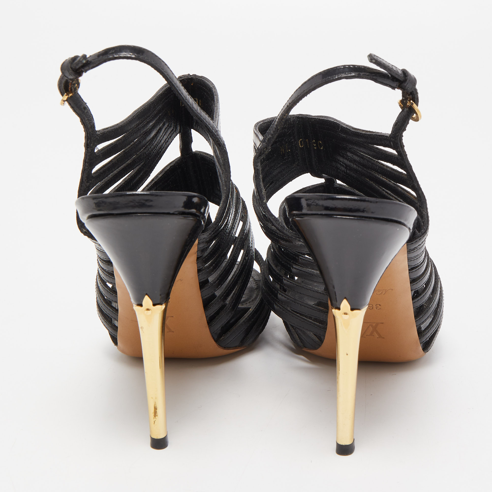 Louis Vuitton Black Patent Leather Strappy Slingback Sandals Size 36.5