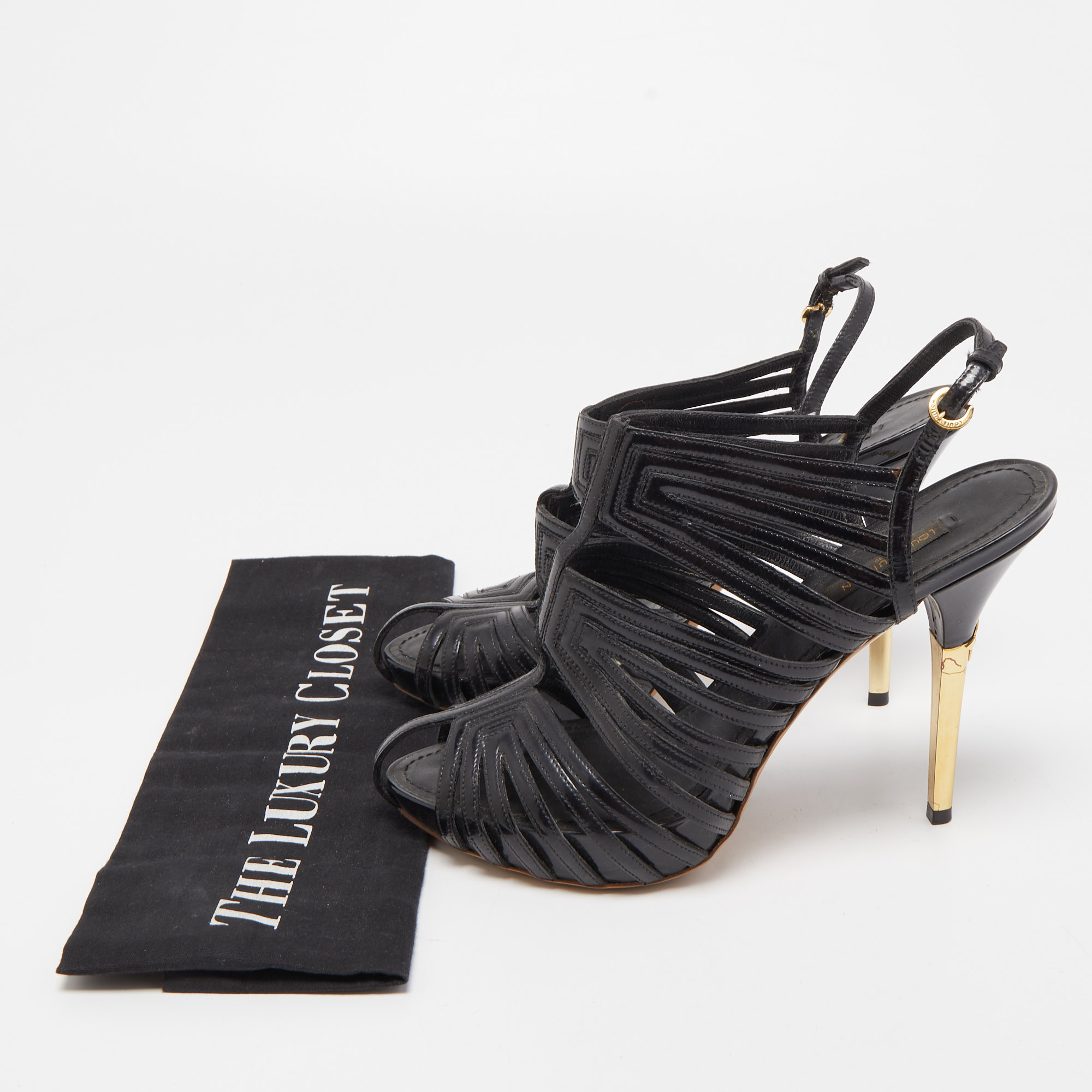 Louis Vuitton Black Patent Leather Strappy Slingback Sandals Size 36.5