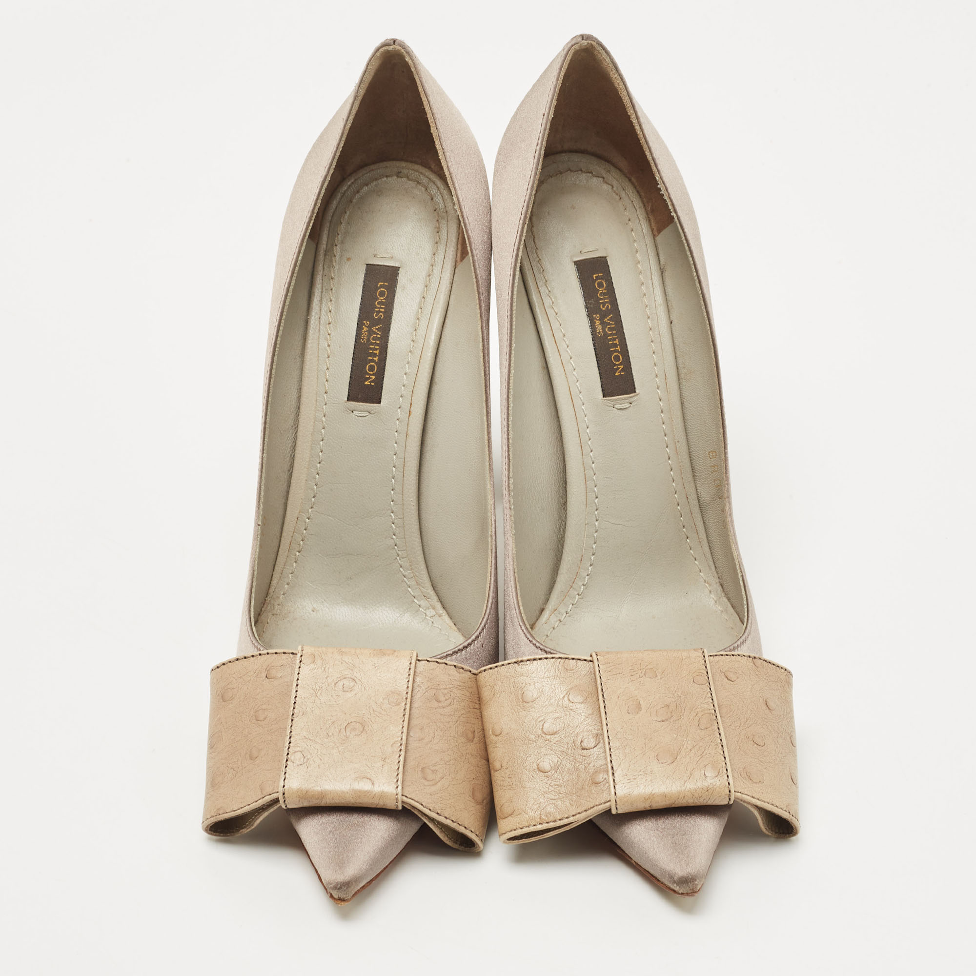 Louis Vuitton Grey/Beige Satin And Embossed Ostrich Beauty Bow Pumps Size 38.5