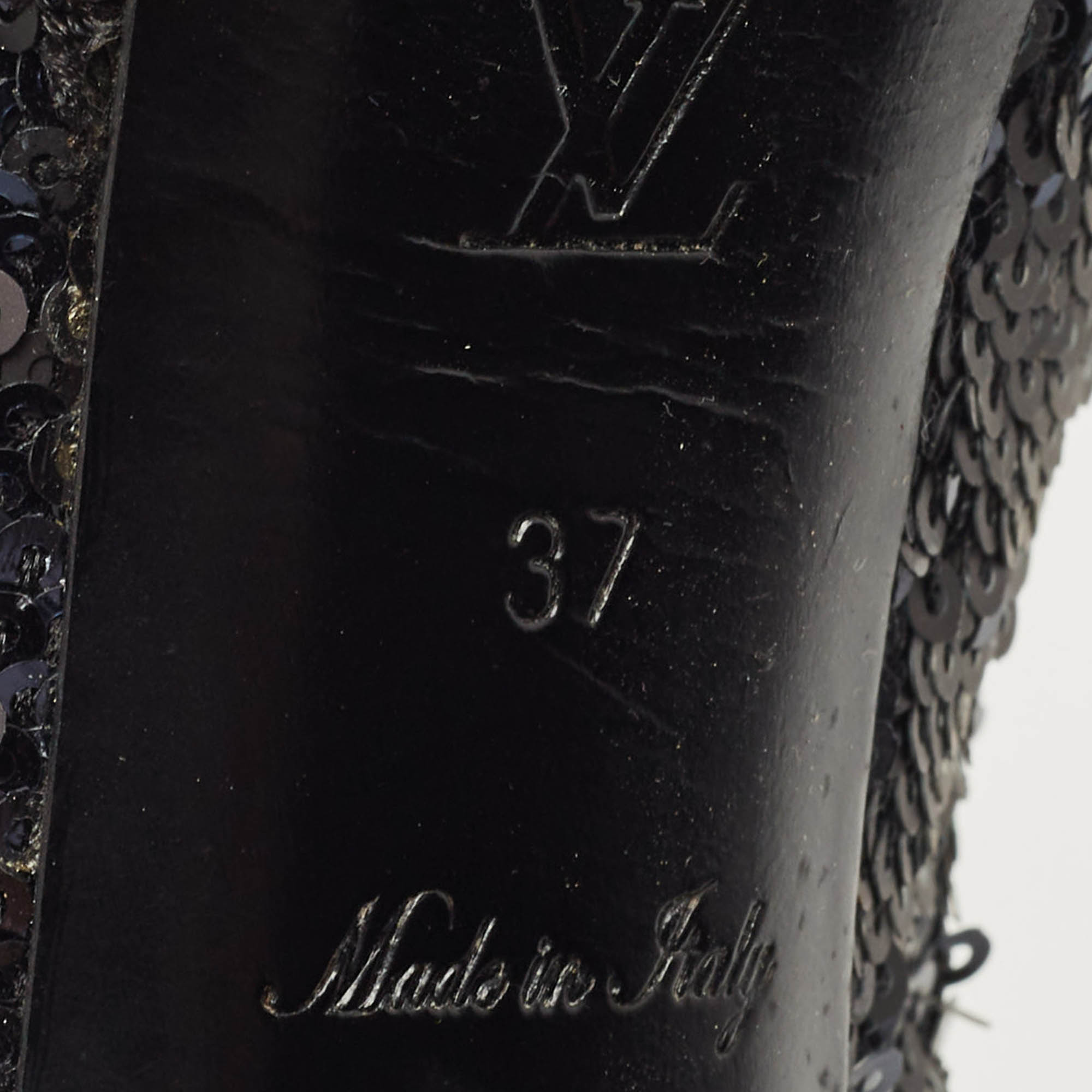 Louis Vuitton Navy Blue/Black Sequins Peep Toe Platform Pumps Size 37