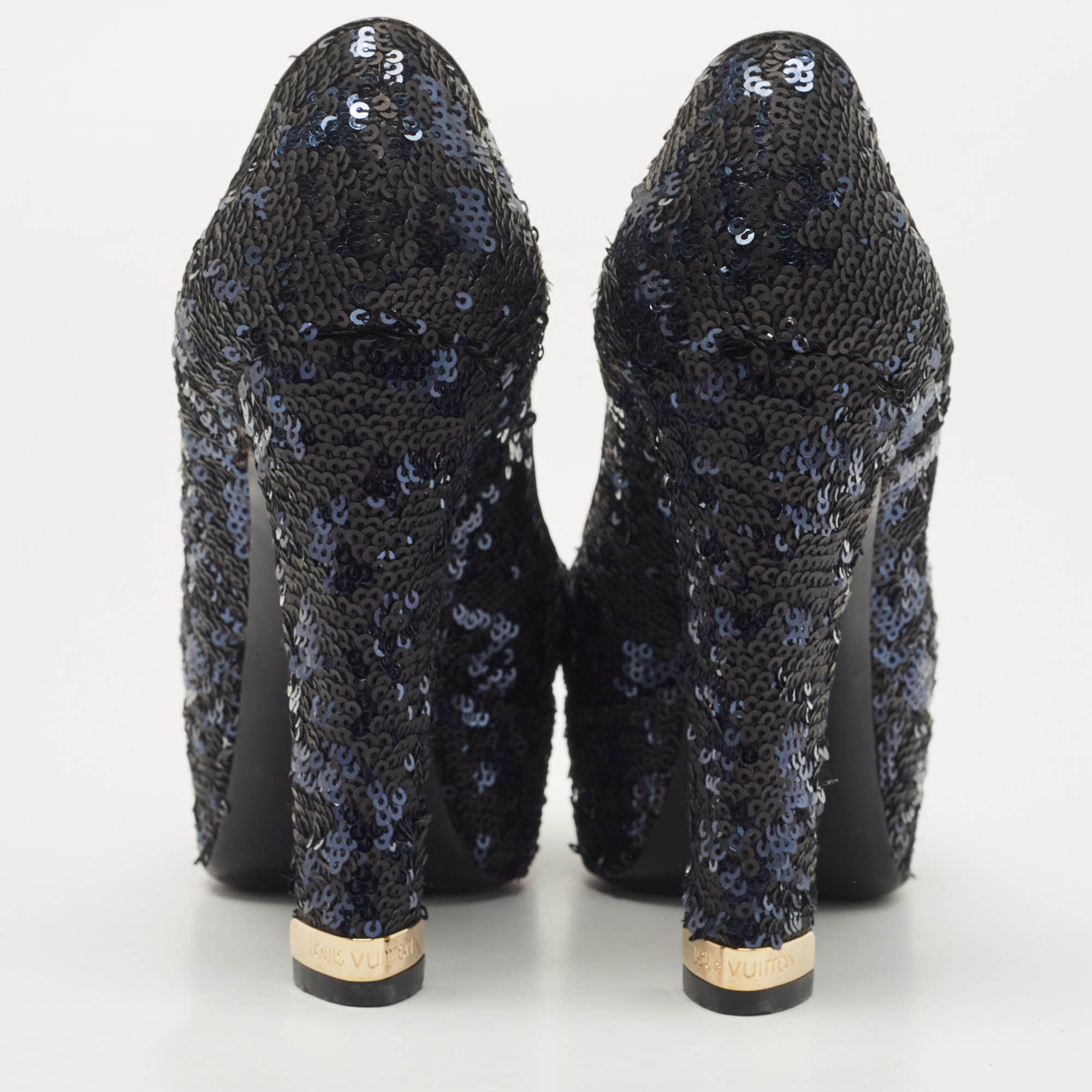 Louis Vuitton Navy Blue/Black Sequins Peep Toe Platform Pumps Size 37