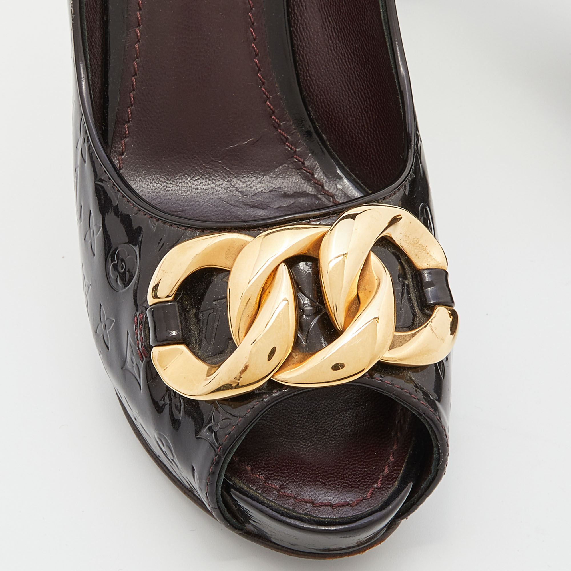 Louis Vuitton Amarante Monogram Vernis Claudia Peep Toe Pumps Size 38.5