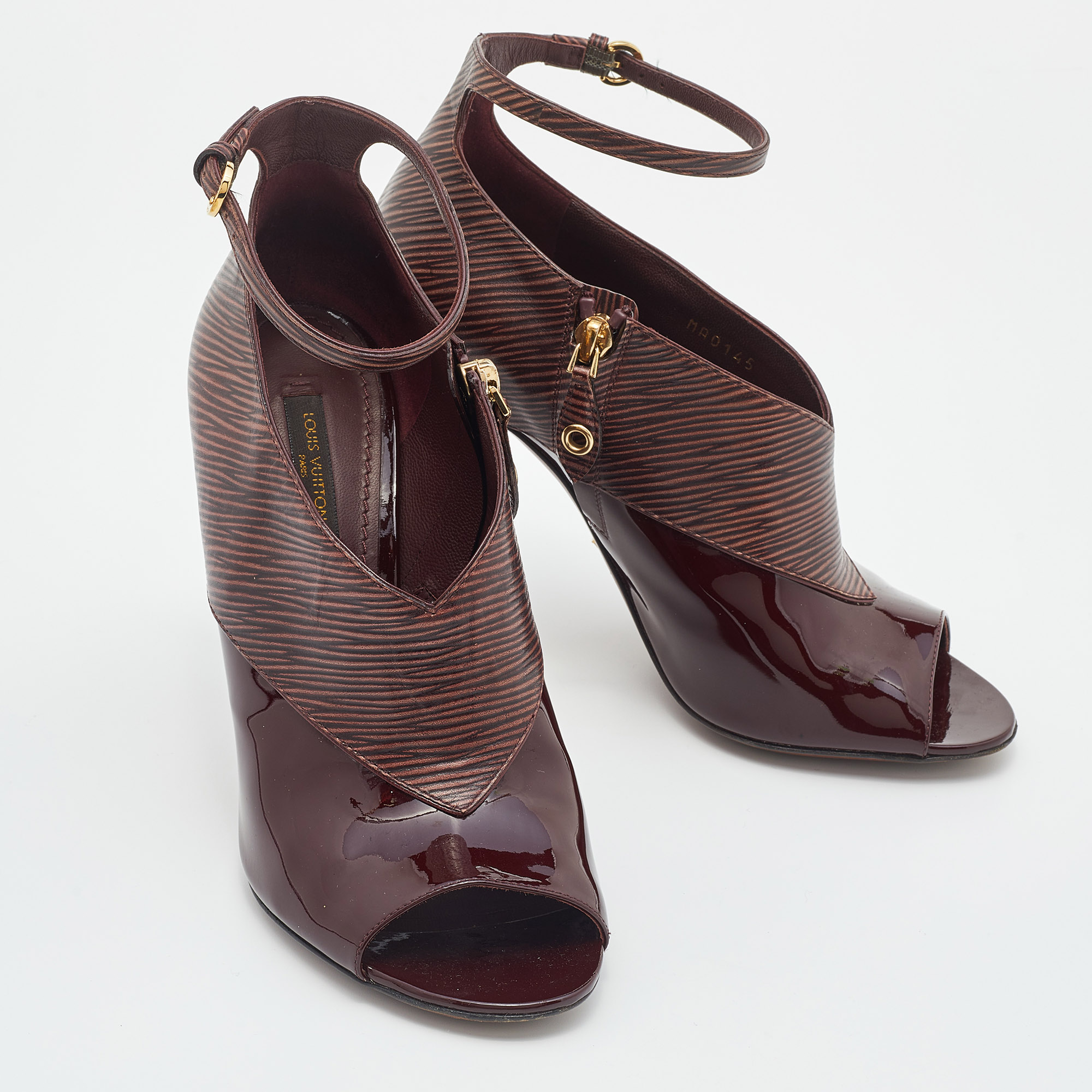 Louis Vuitton Bordeaux Epi Leather And Patent Open Toe Ankle Strap Booties Size 38