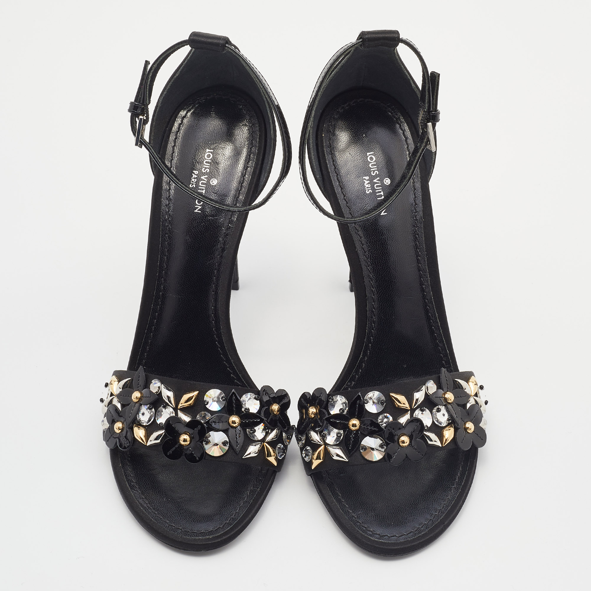 Louis Vuitton Black Satin And Patent Leather Embellished Ankle Strap Sandals Size 38.5