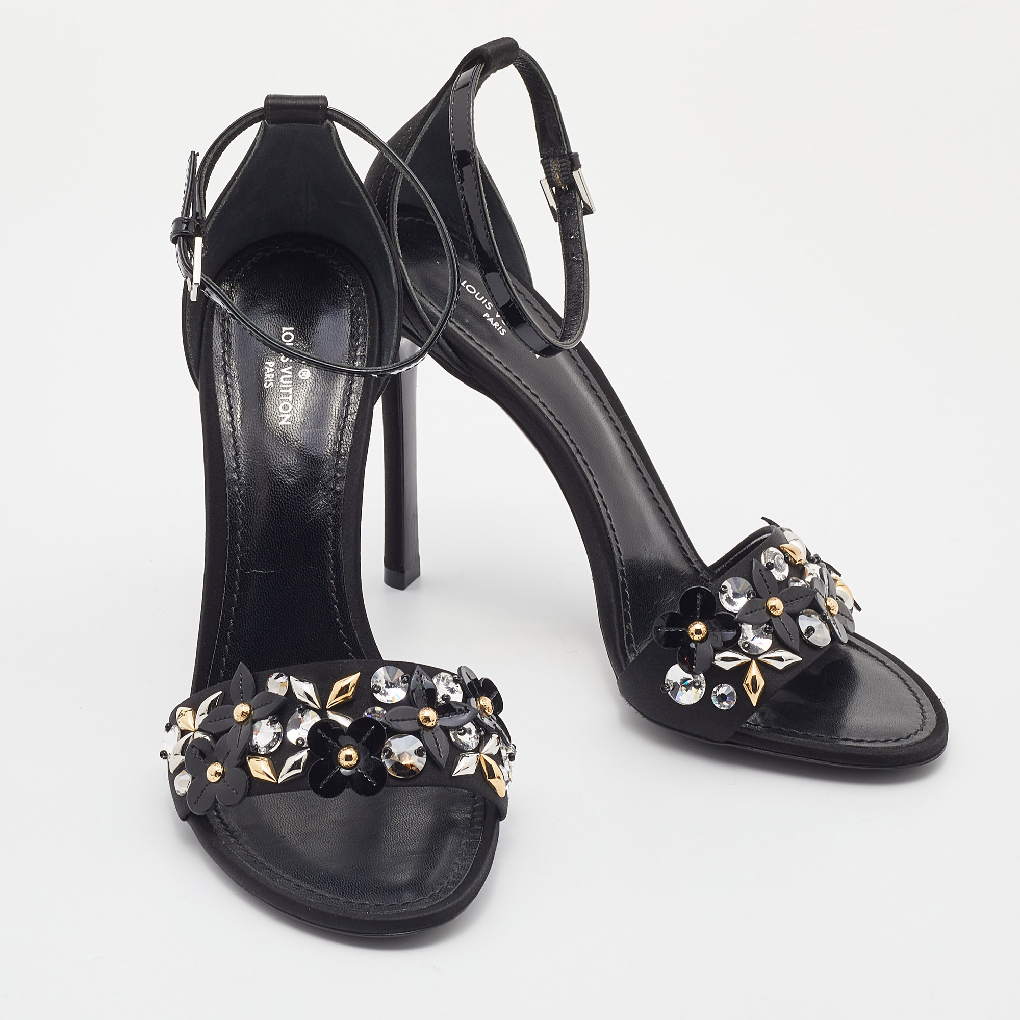 Louis Vuitton Black Satin And Patent Leather Embellished Ankle Strap Sandals Size 38.5