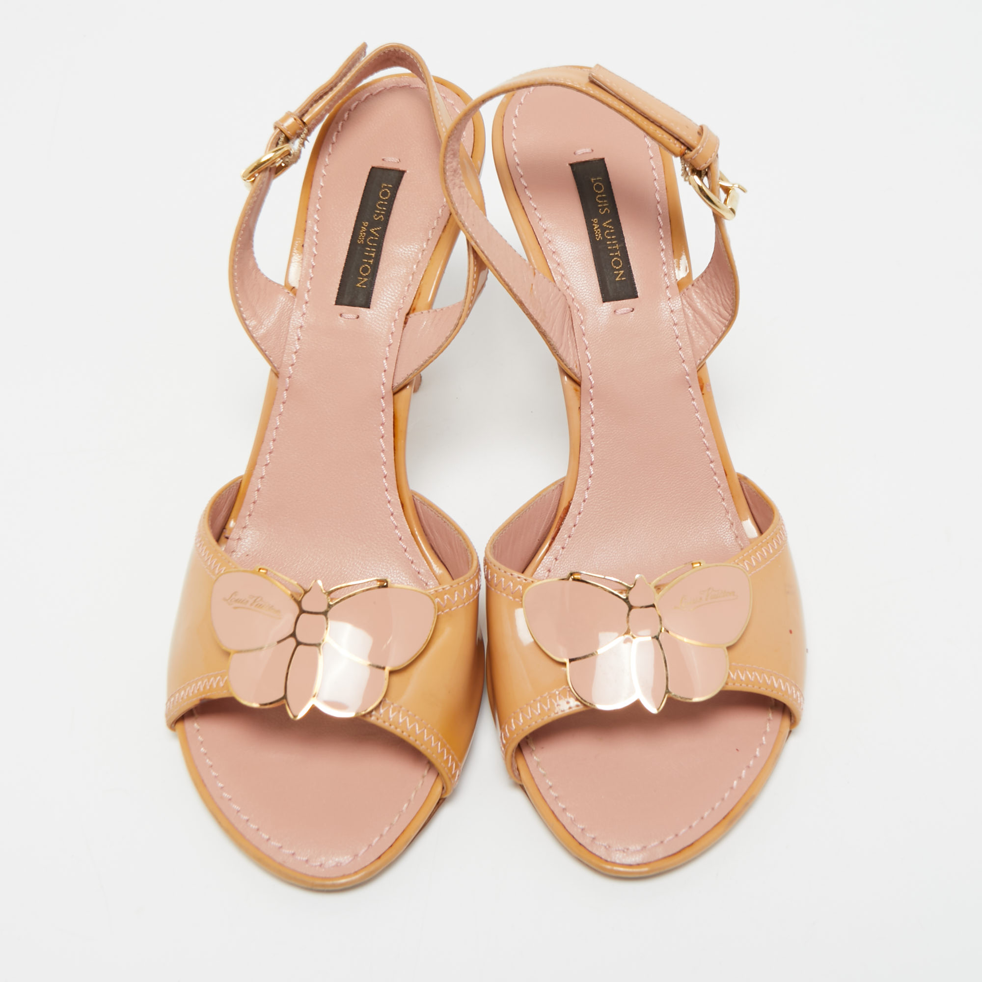 Louis Vuitton Beige Patent Leather Butterfly Slingback Sandals Size 36.5