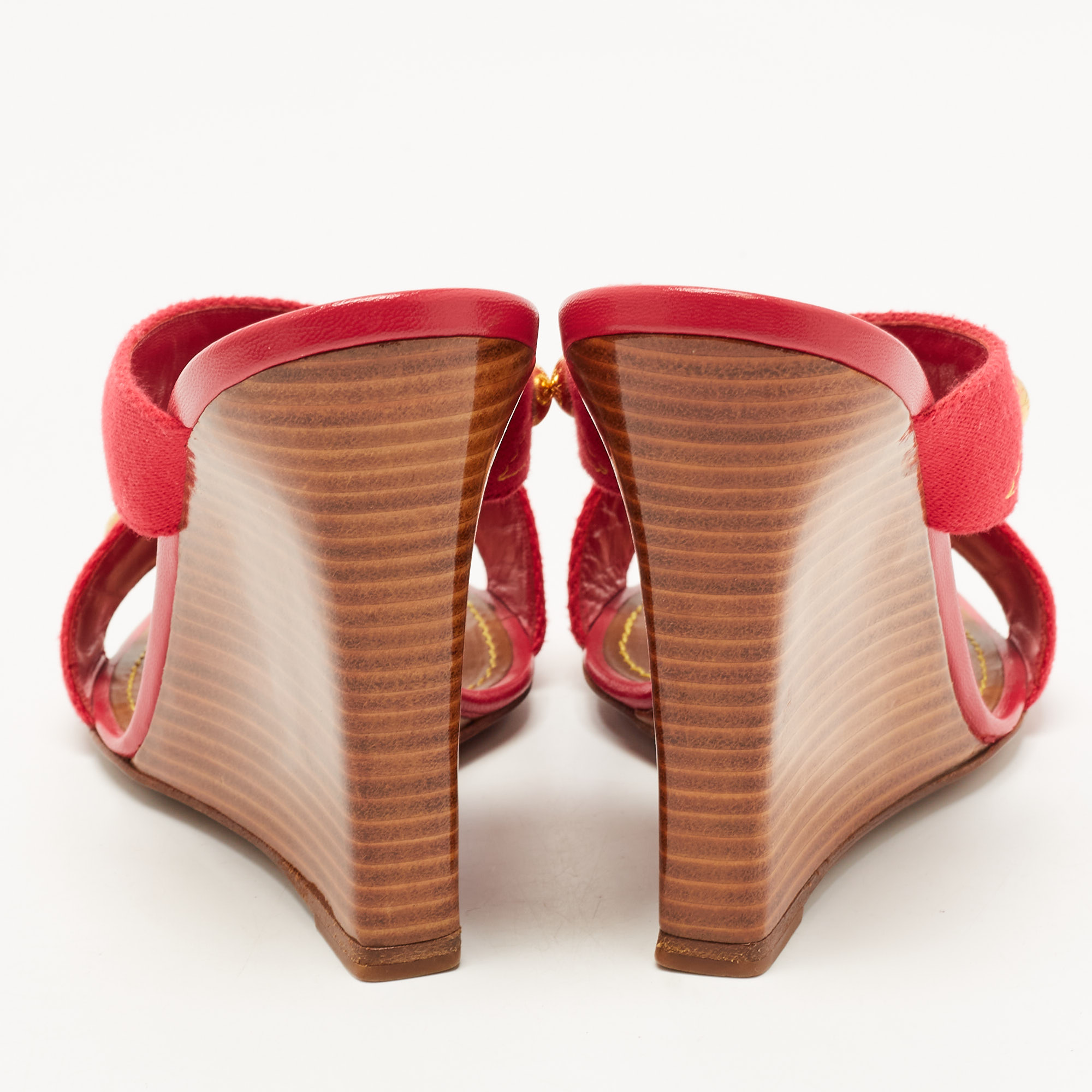 Louis Vuitton Red Canvas Studded Crosscross Strap Wedge Sandals Size 38