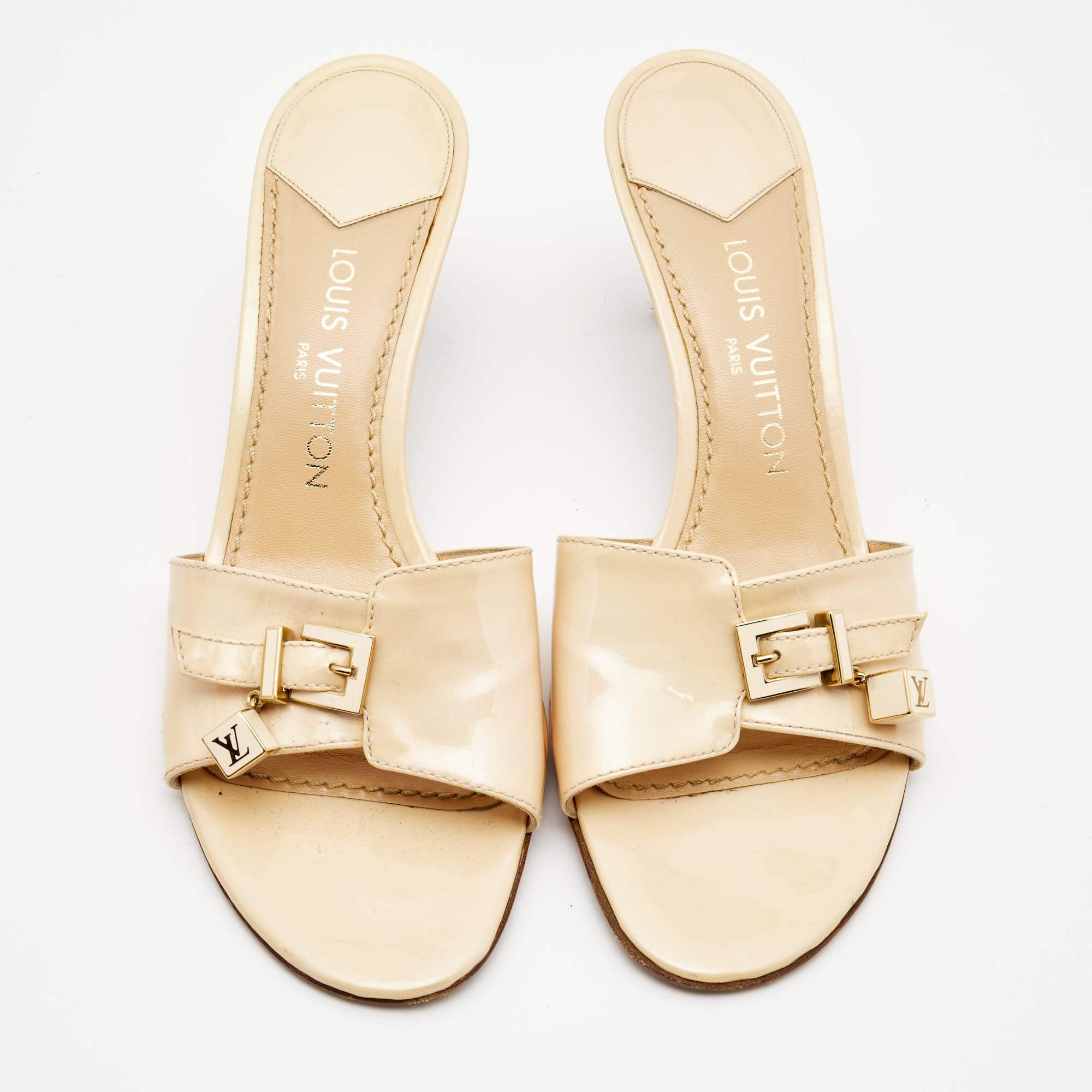 Louis Vuitton Beige Patent Leather LV Dice Slide Sandals Size 41