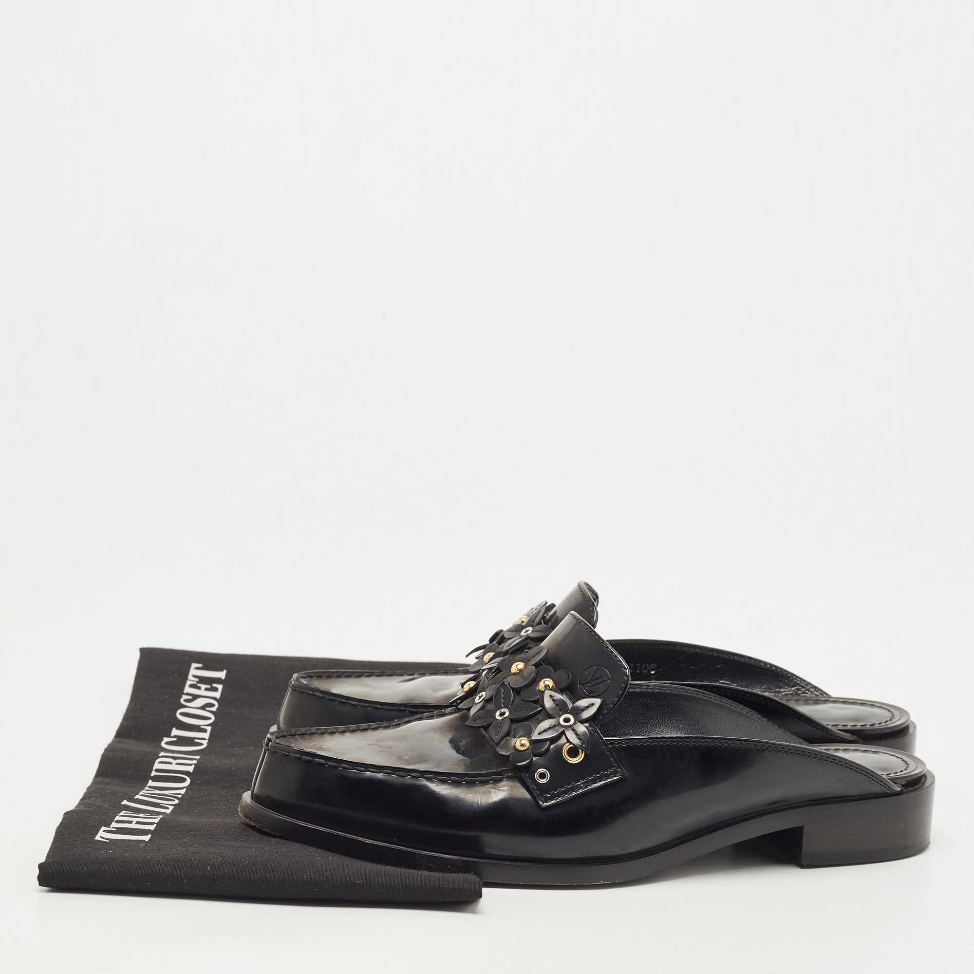 Louis Vuitton Black Leather Studded Flower Applique Mules Size 37.5