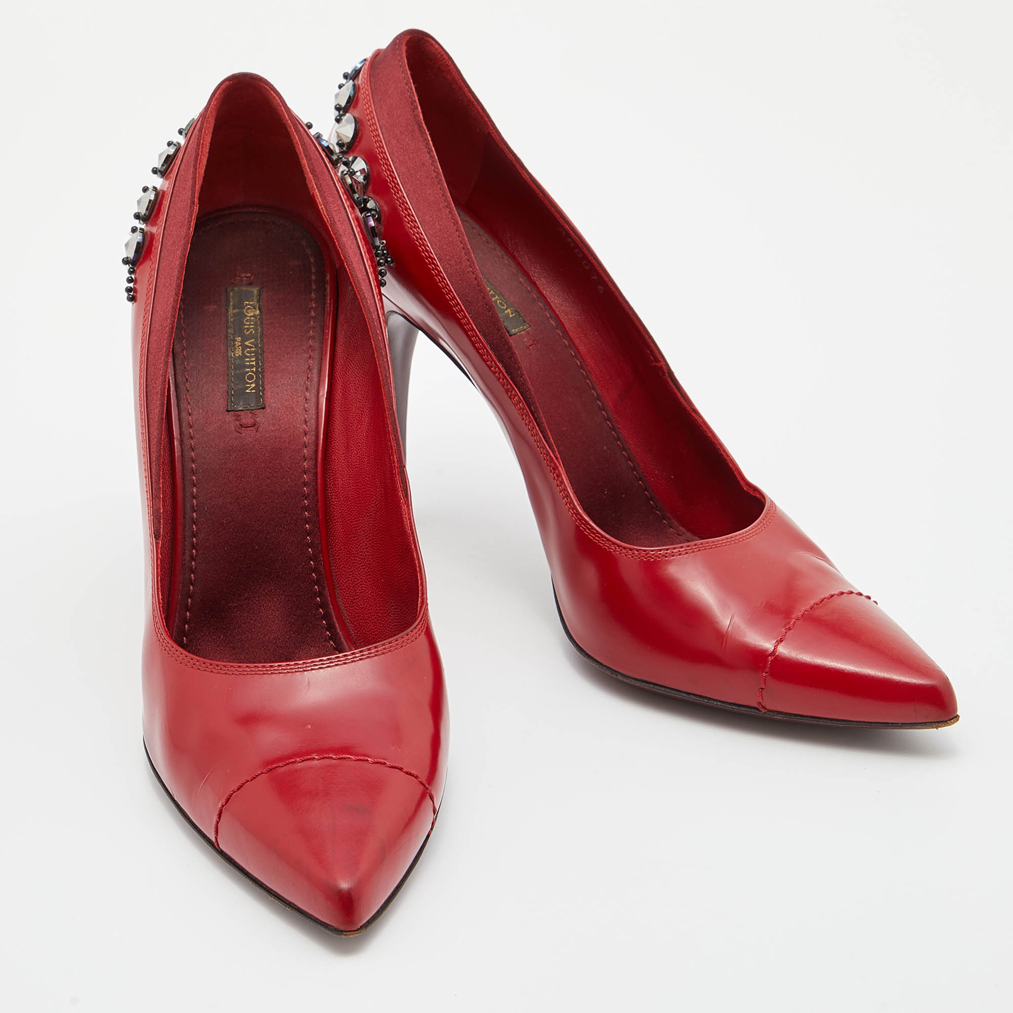 Louis Vuitton Red Leather And Satin Crystal Embellished Pumps Size 39