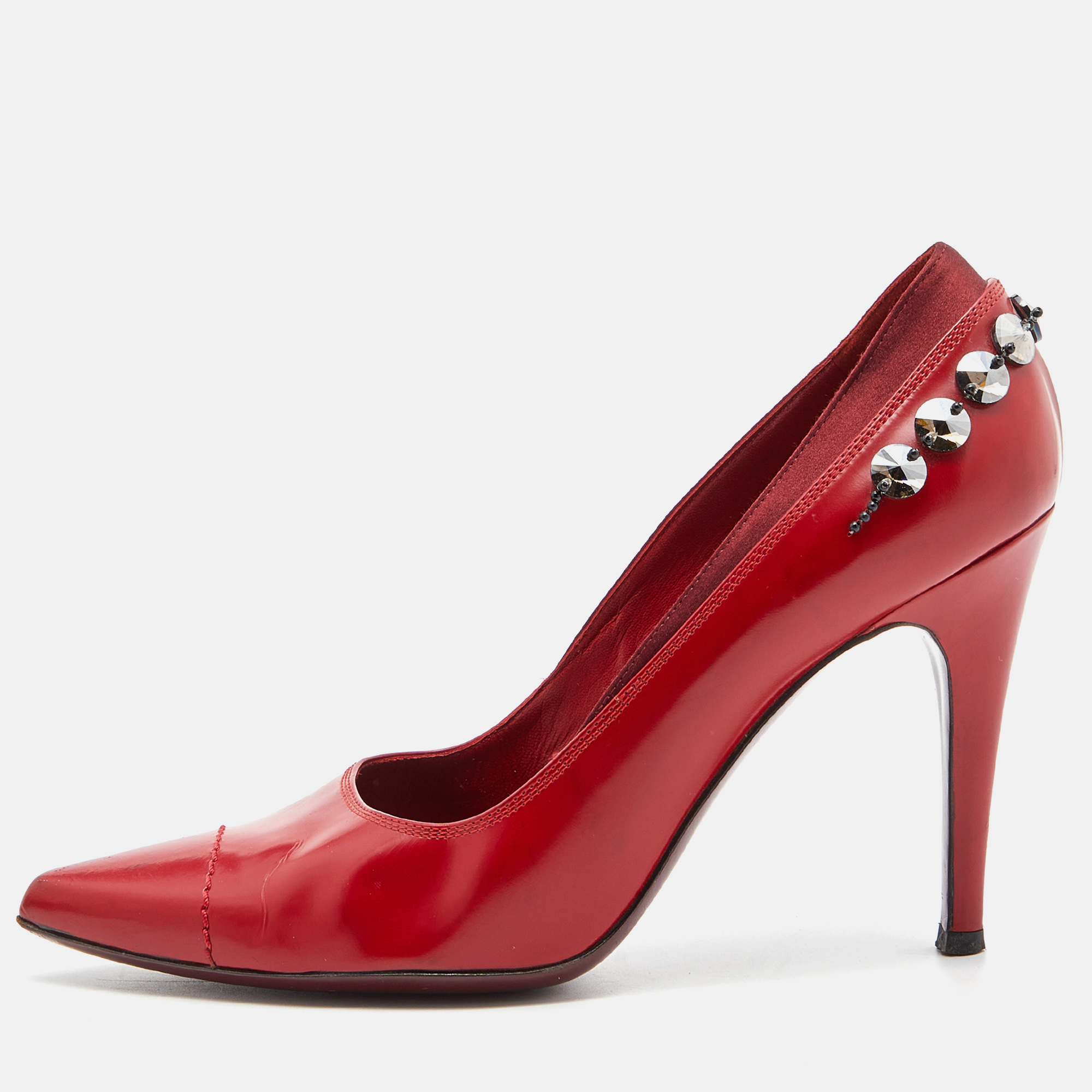 Louis vuitton red leather and satin crystal embellished pumps size 39