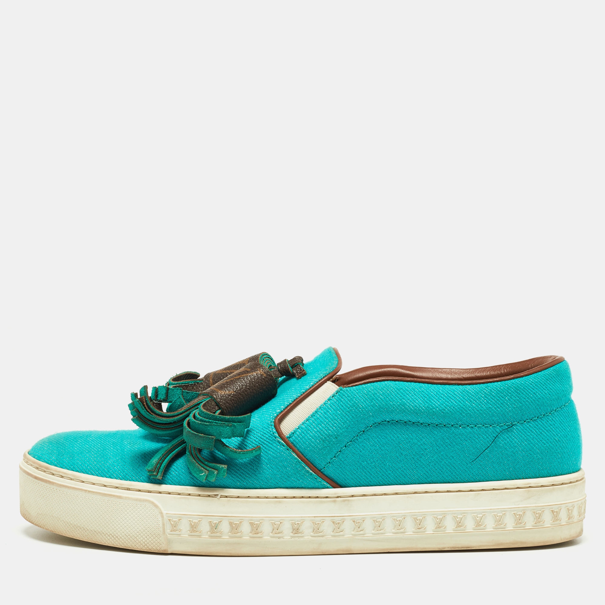 Louis vuitton turquoise twill fabric and monogram canvas destination slip on sneakers size 37