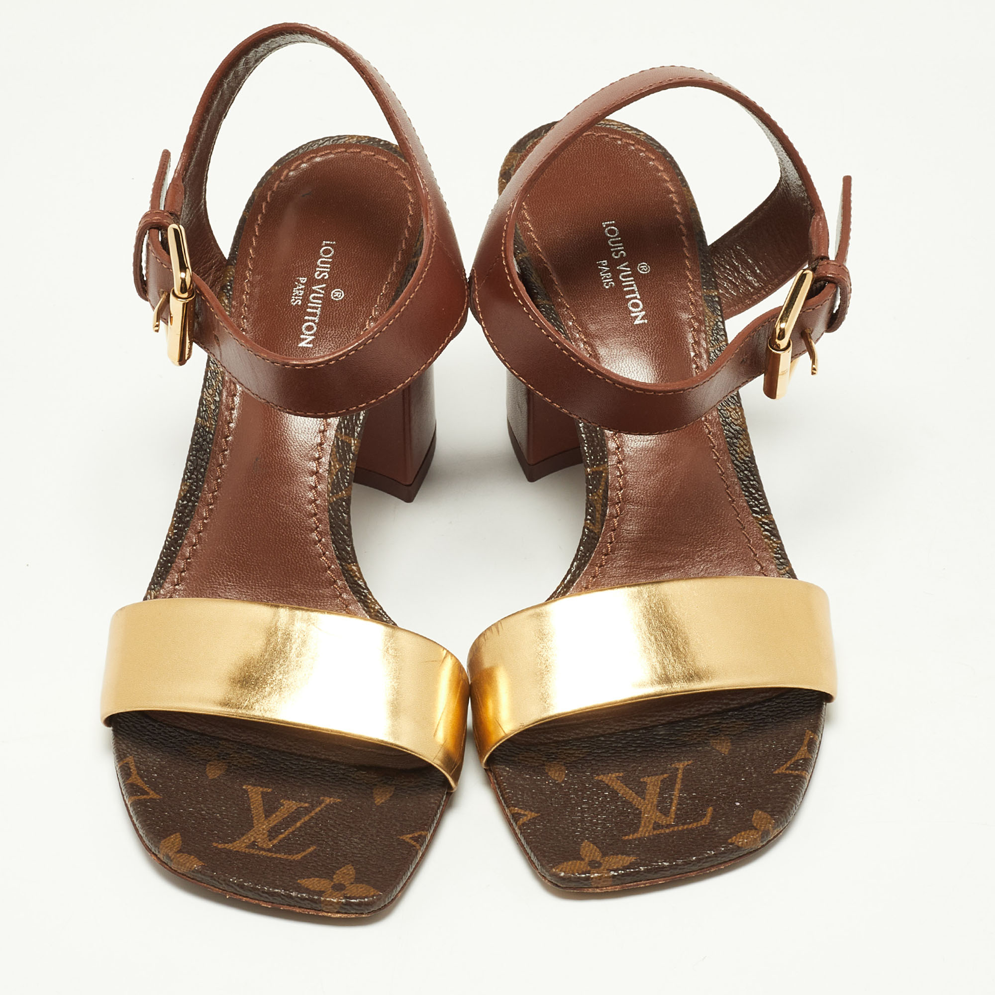 Louis Vuitton Brown/Gold Leather Bloom Ankle Strap Sandals Size 36