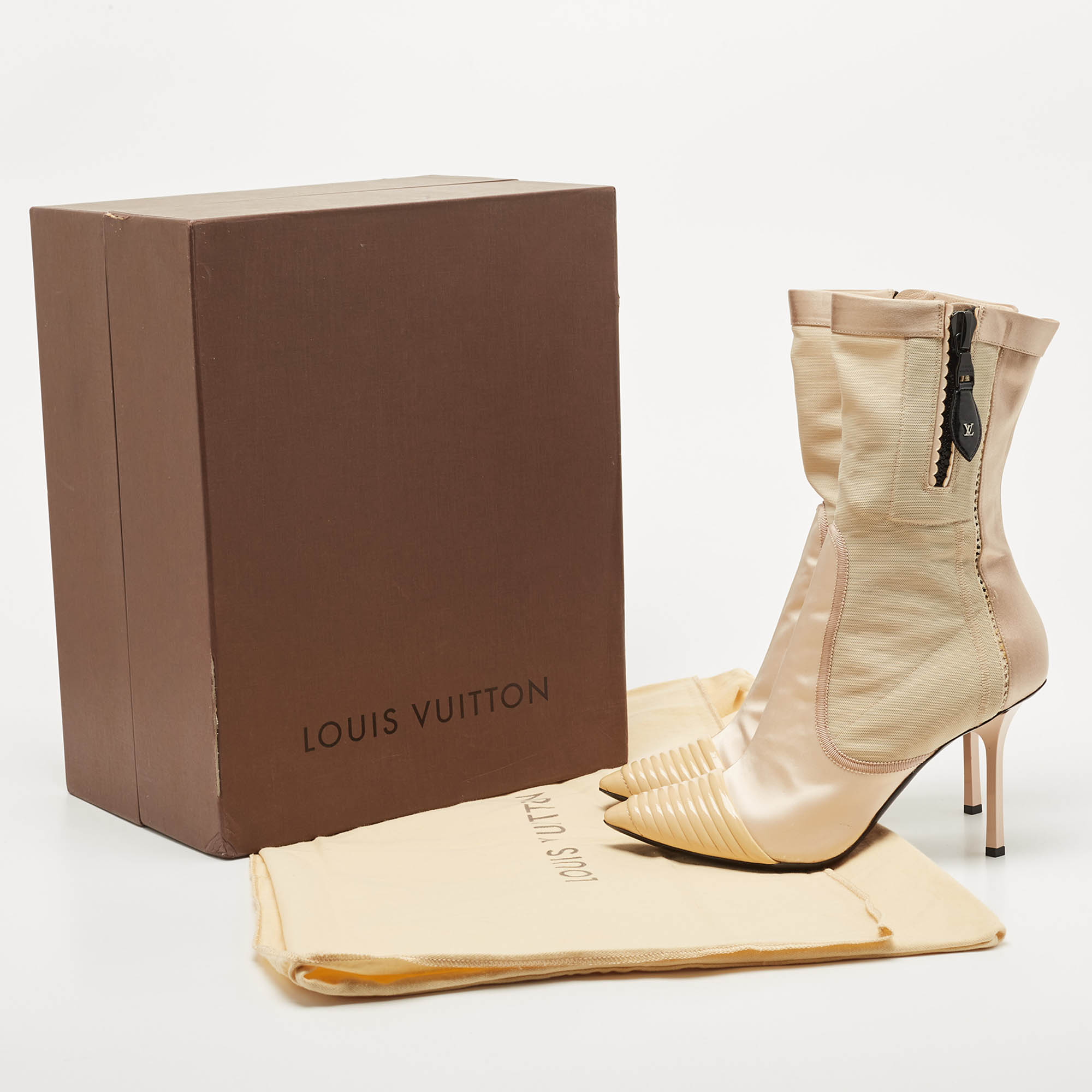 Louis Vuitton Beige Satin And Stretch Mesh Pointed Toe Ankle Booties Size 39