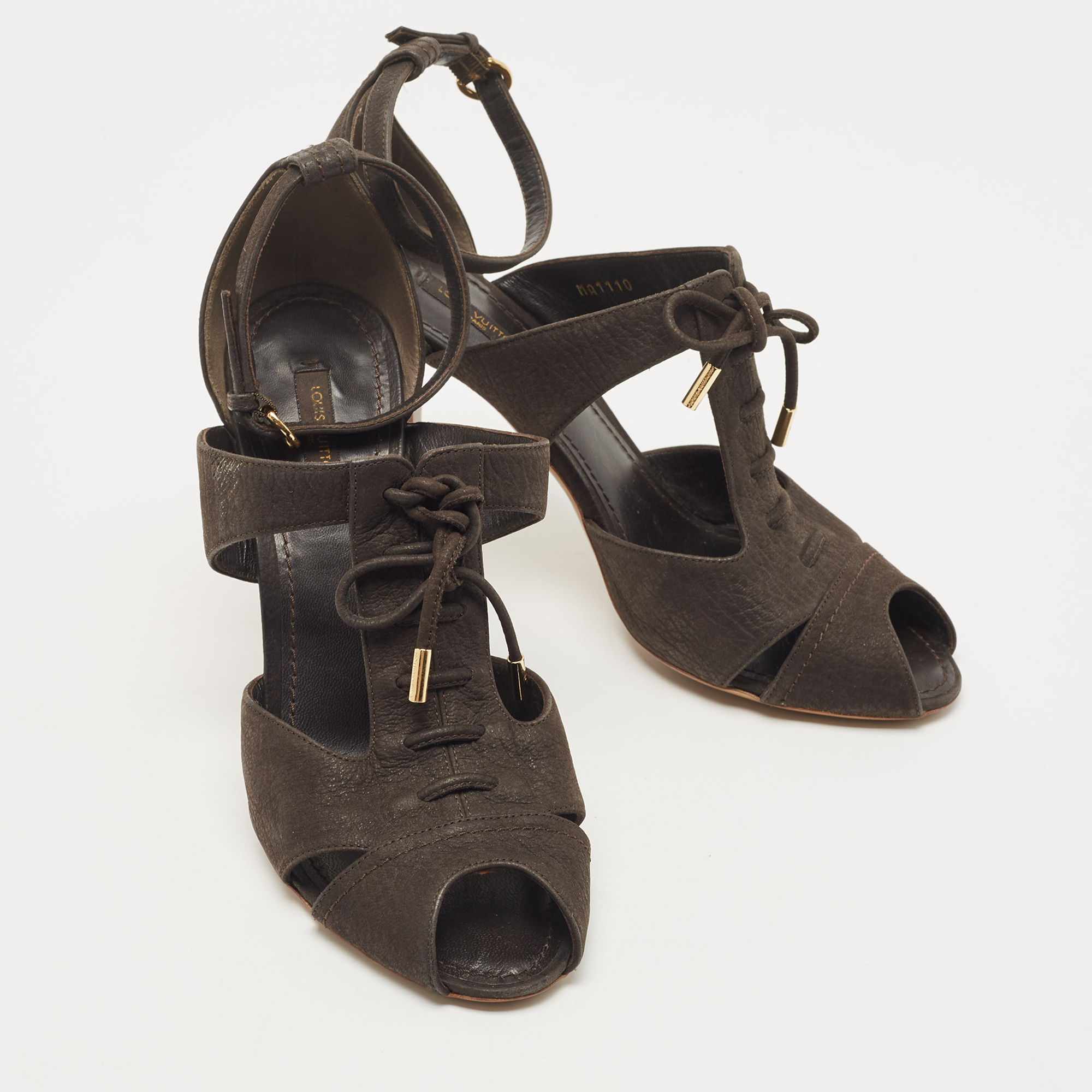 Louis Vuitton Dark Brown Pebbled Leather Corfu Caged Ankle Strap Sandals Size 40