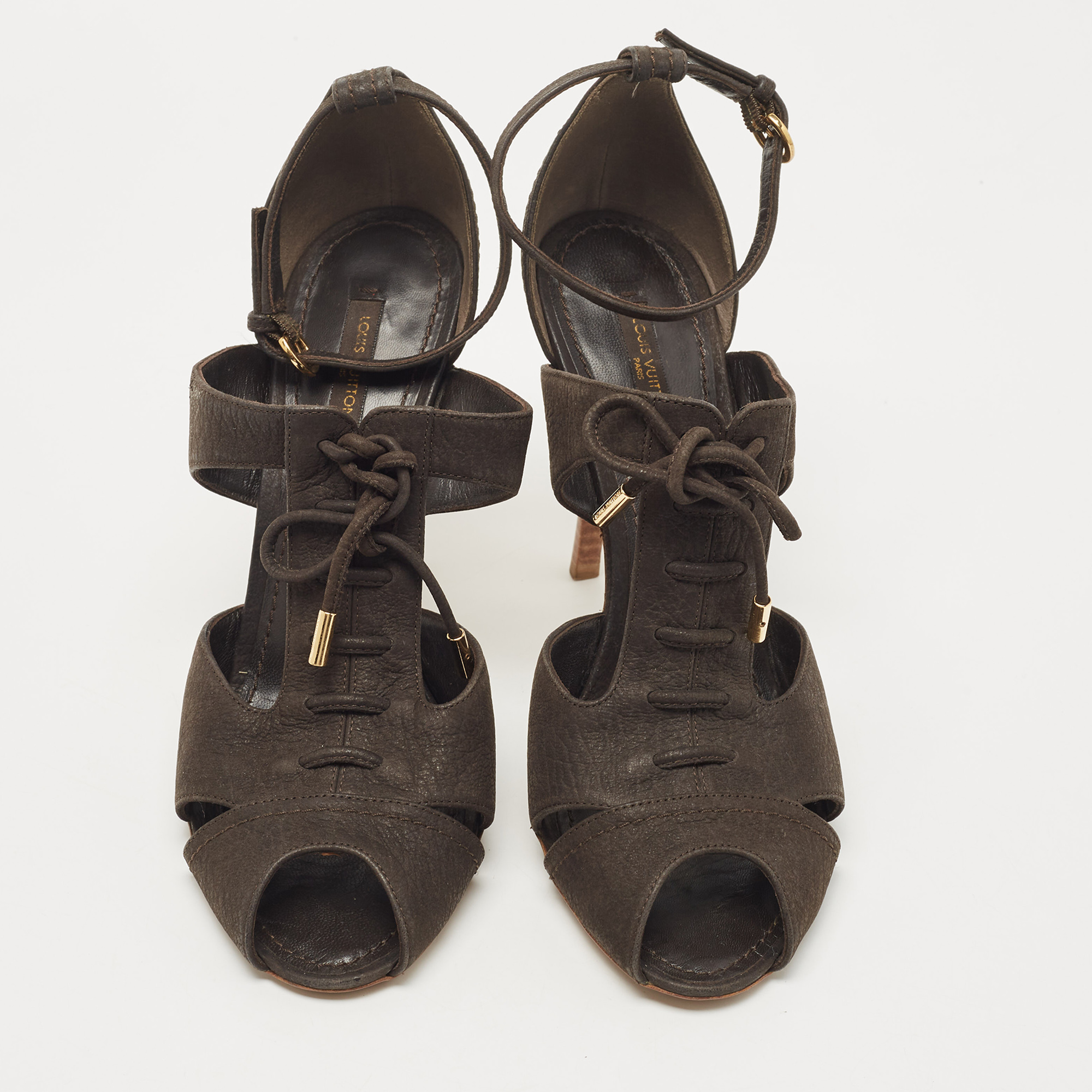 Louis Vuitton Dark Brown Pebbled Leather Corfu Caged Ankle Strap Sandals Size 40