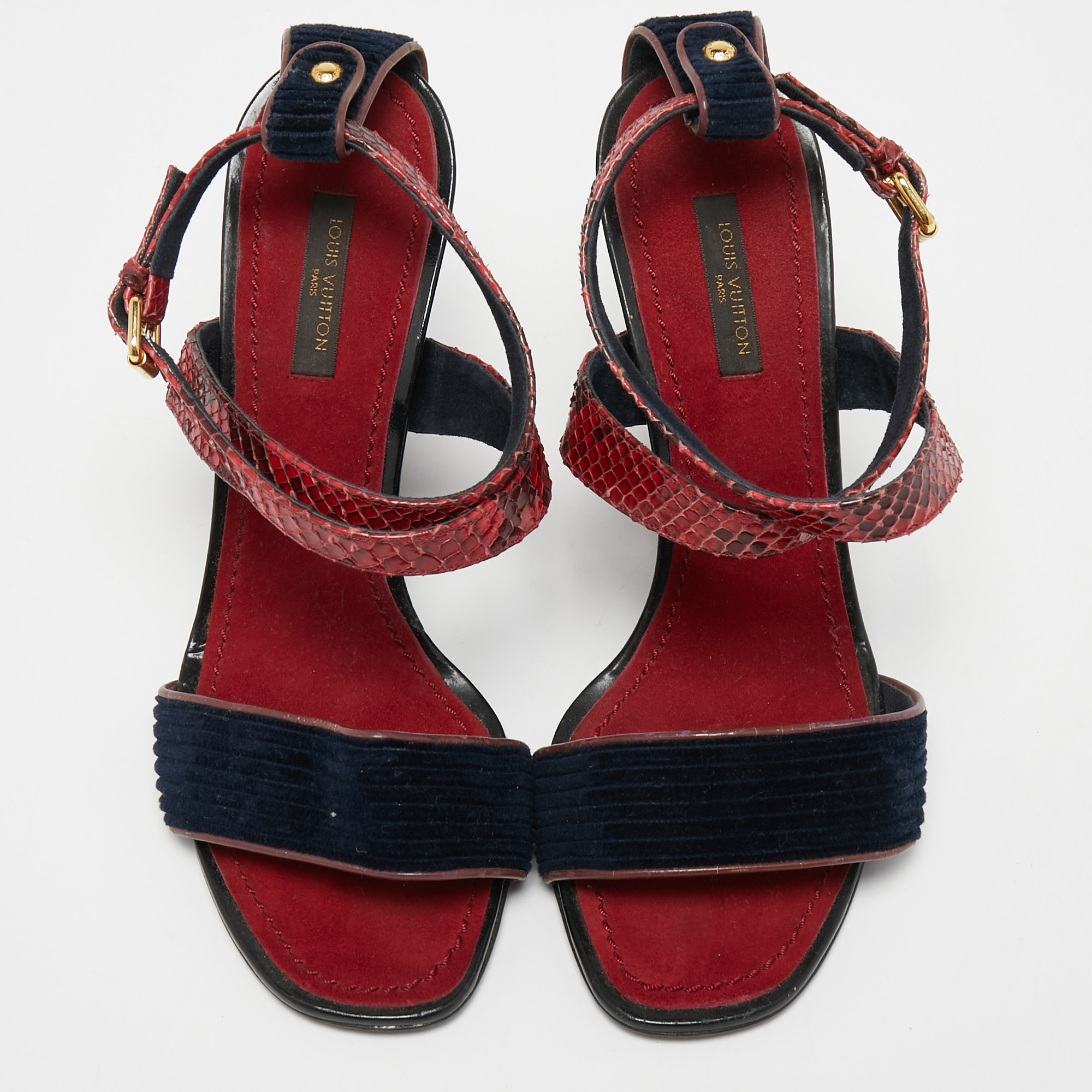 Louis Vuitton Dark Red/Navy Blue Snakeskin And Velvet Cross Ankle Strap Wedge Sandals Size 38