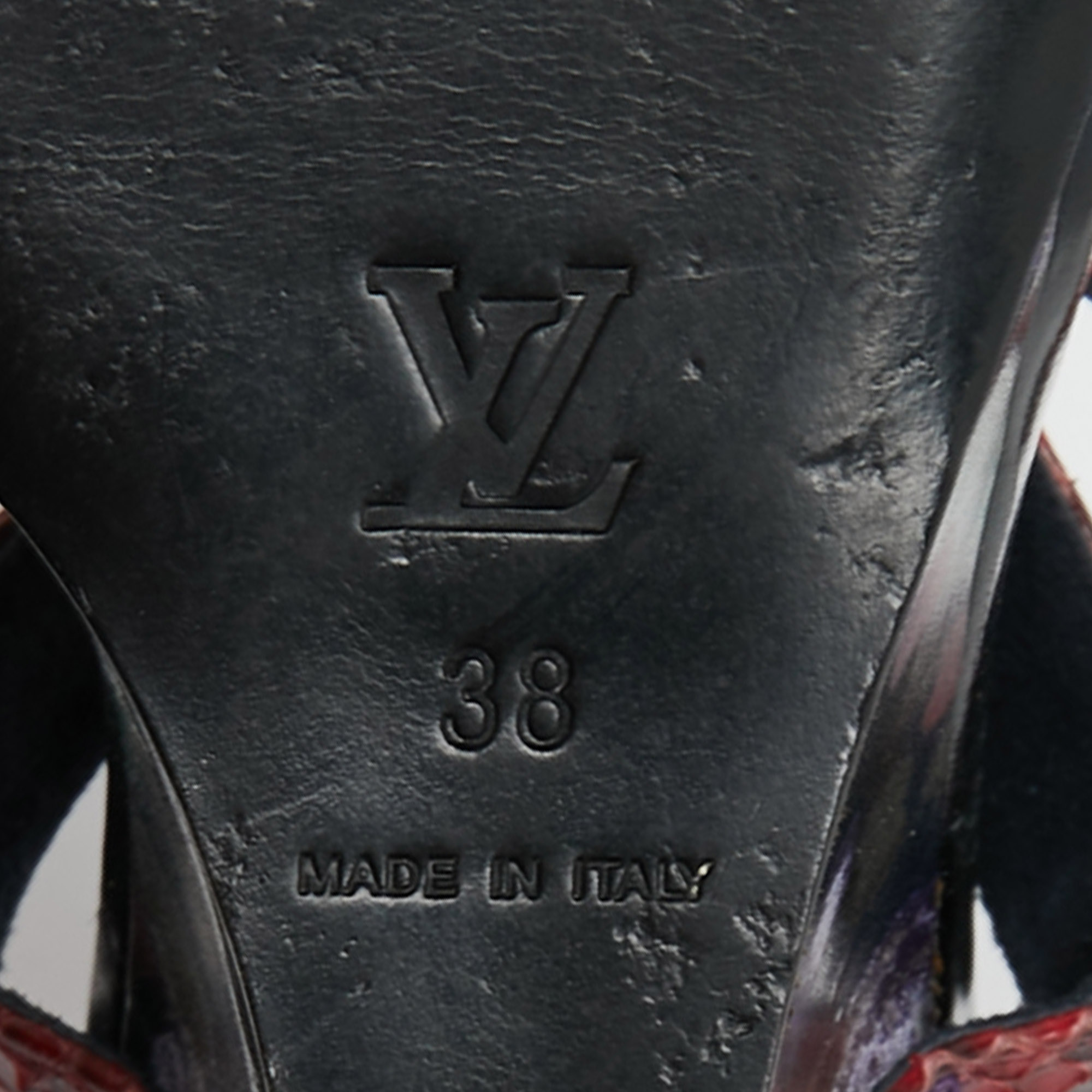Louis Vuitton Dark Red/Navy Blue Snakeskin And Velvet Cross Ankle Strap Wedge Sandals Size 38