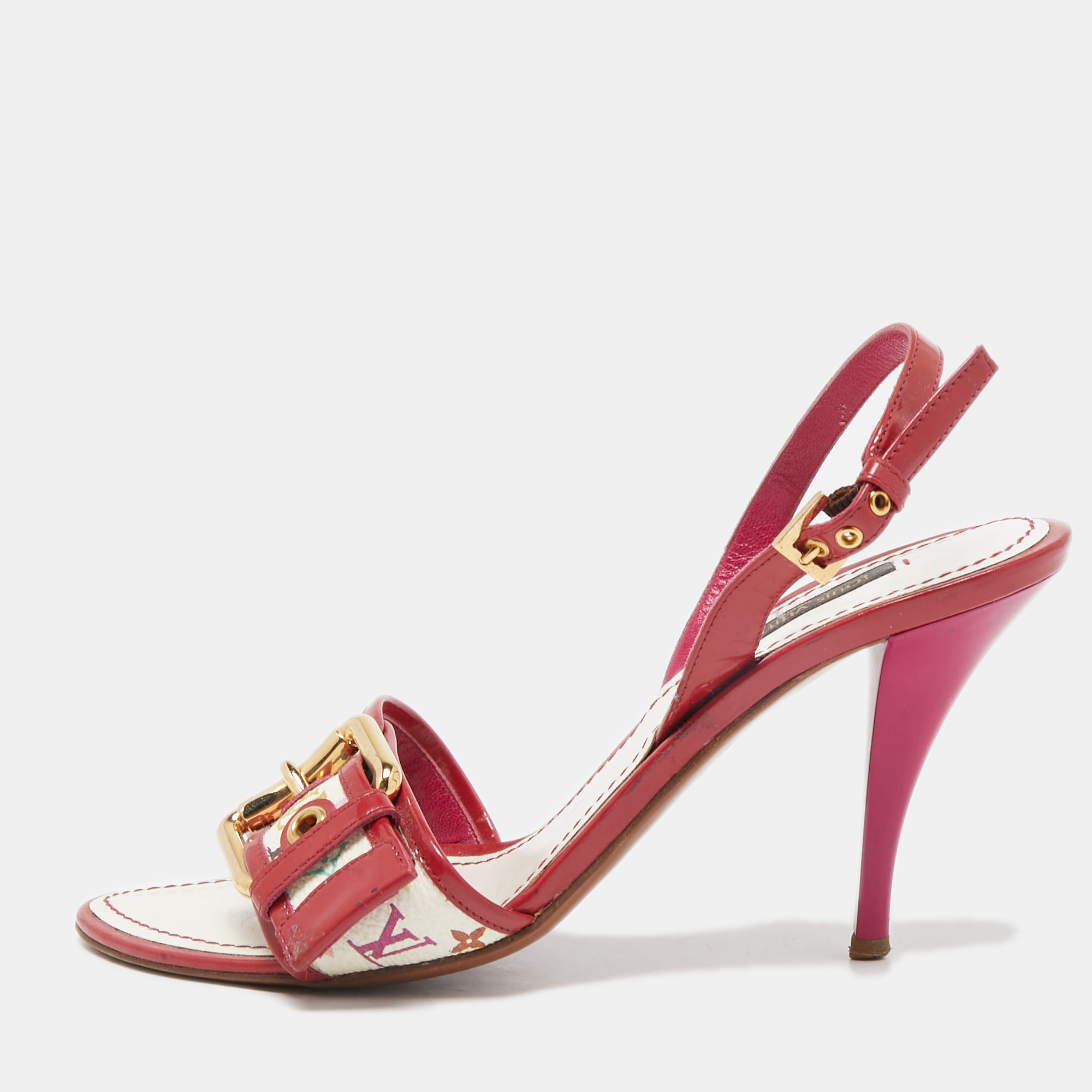 Louis Vuitton Red/White Monogram Canvas And Patent Slingback Sandals Size 36
